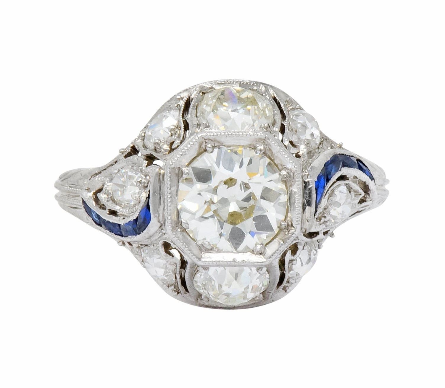 Art Deco 2.38 CTW Diamond Sapphire Platinum Dinner Engagement Ring - Wilson's Estate Jewelry