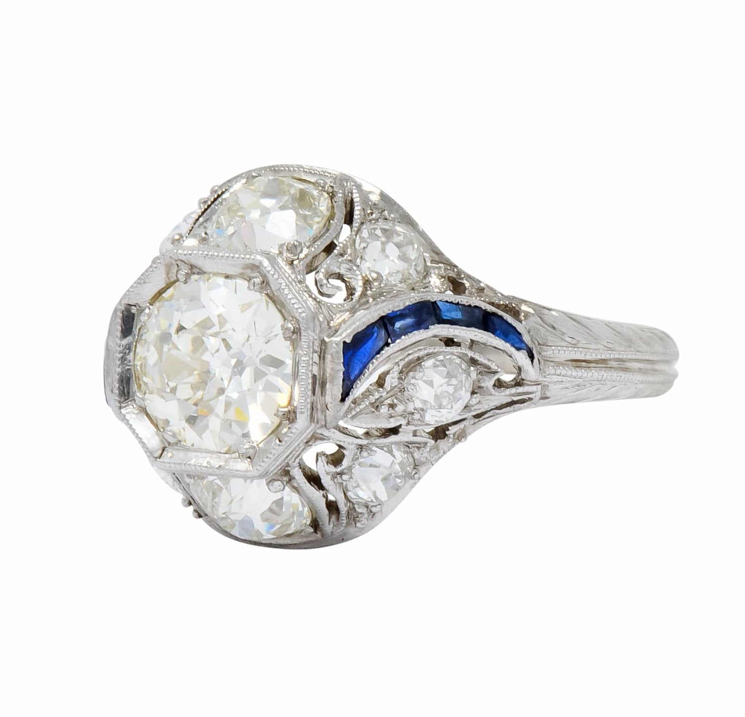 Art Deco 2.38 CTW Diamond Sapphire Platinum Dinner Engagement Ring - Wilson's Estate Jewelry