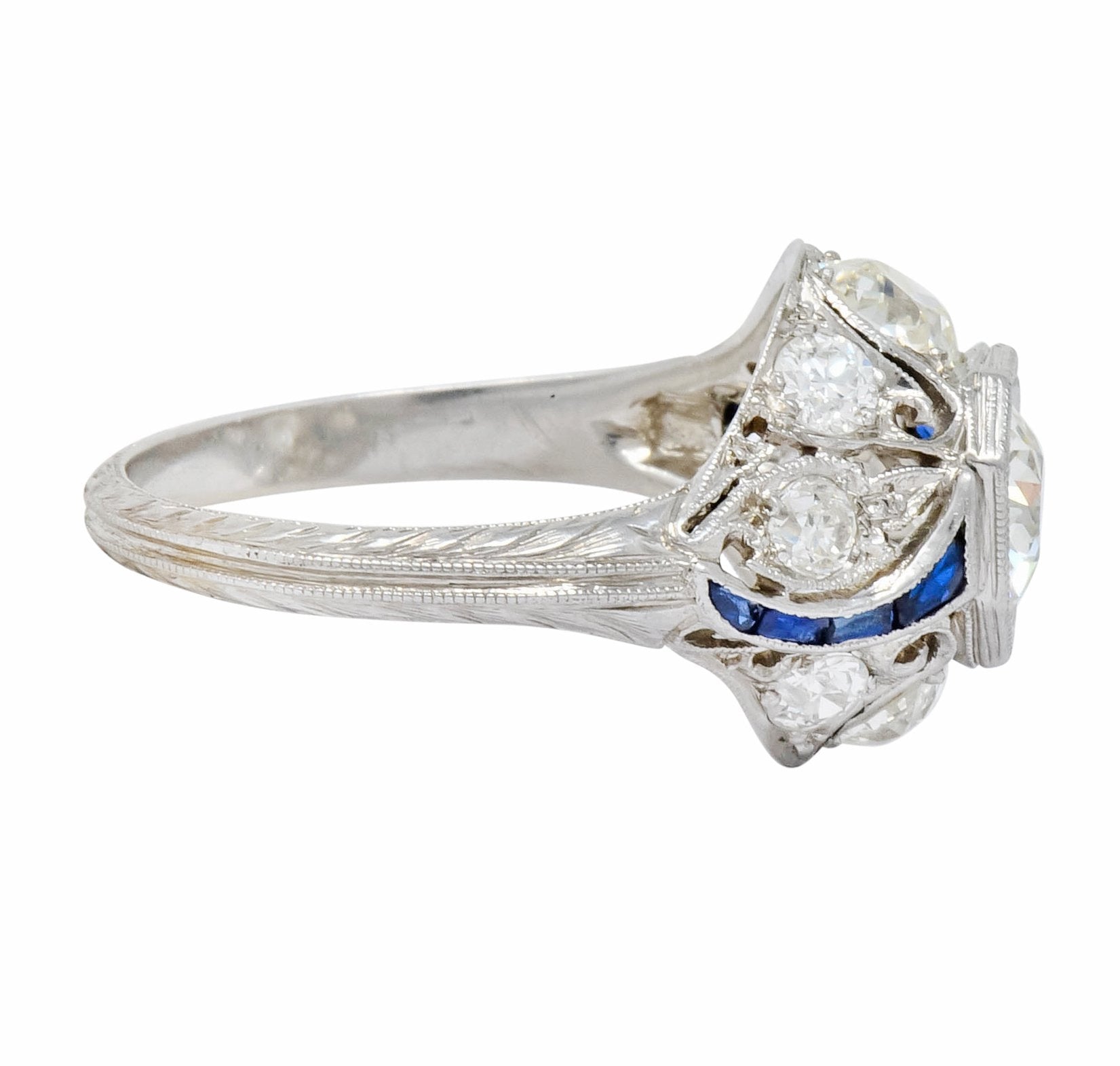 Art Deco 2.38 CTW Diamond Sapphire Platinum Dinner Engagement Ring - Wilson's Estate Jewelry