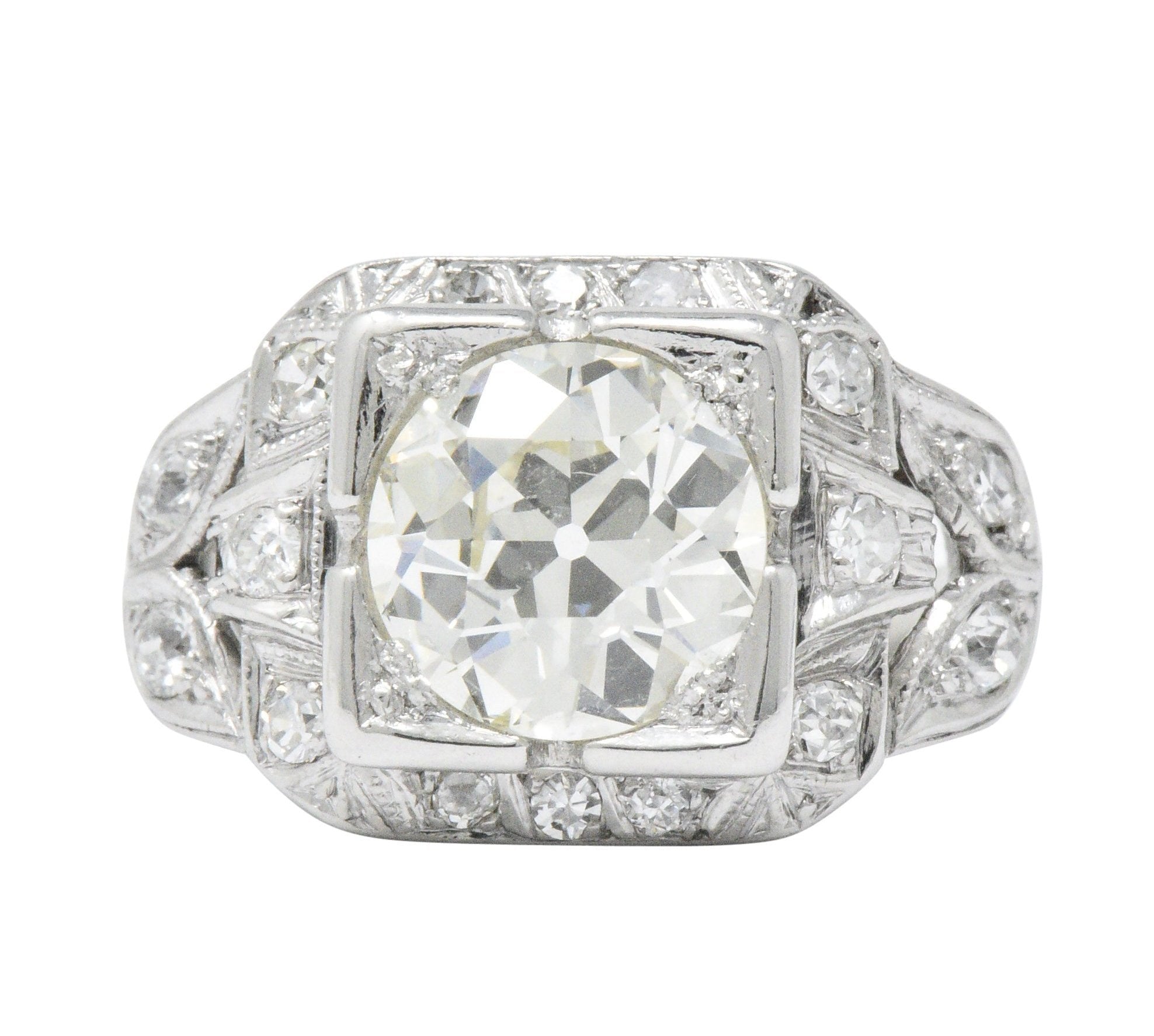 Art Deco 2.69 CTW Diamond Platinum Cushion Foliate Engagement Ring GIA Wilson's Estate Jewelry