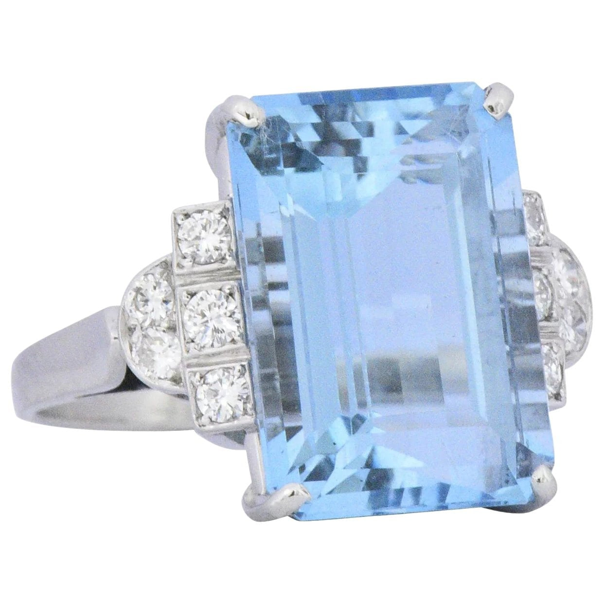 Art Deco 7.75 CTW Aquamarine Diamond Platinum Cocktail Ring Wilson's Estate Jewelry