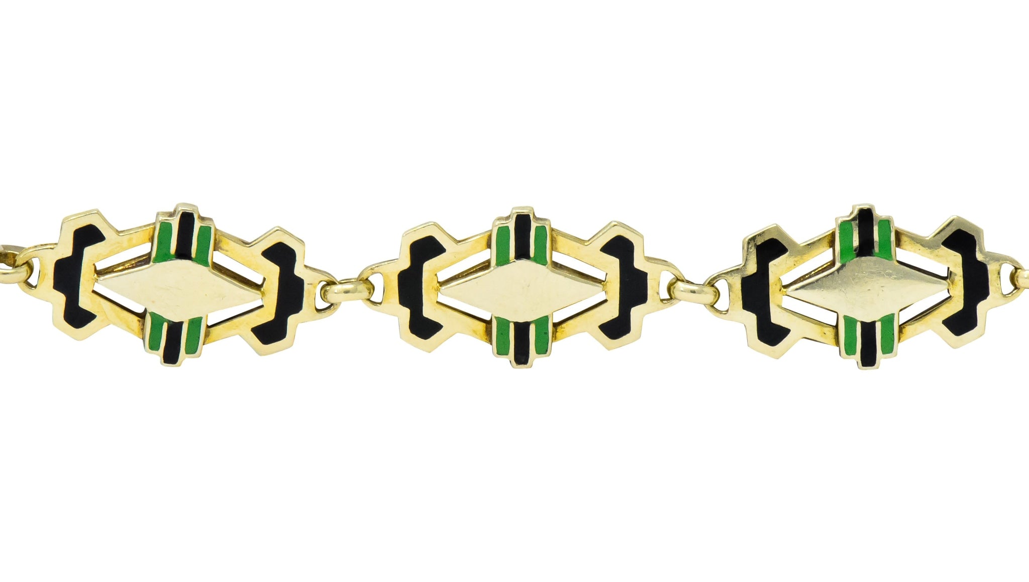 Art Deco Black & Green Enamel 14 Karat Gold Link Bracelet - Wilson's Estate Jewelry