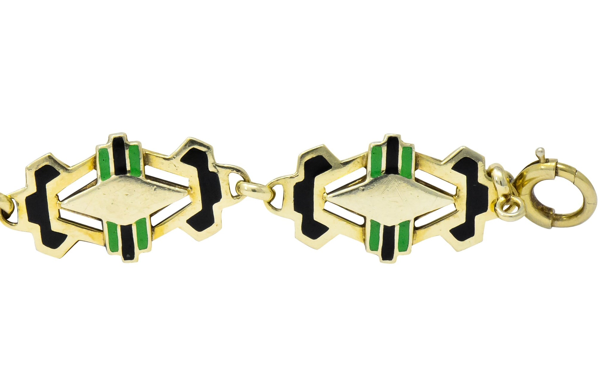 Art Deco Black & Green Enamel 14 Karat Gold Link Bracelet - Wilson's Estate Jewelry