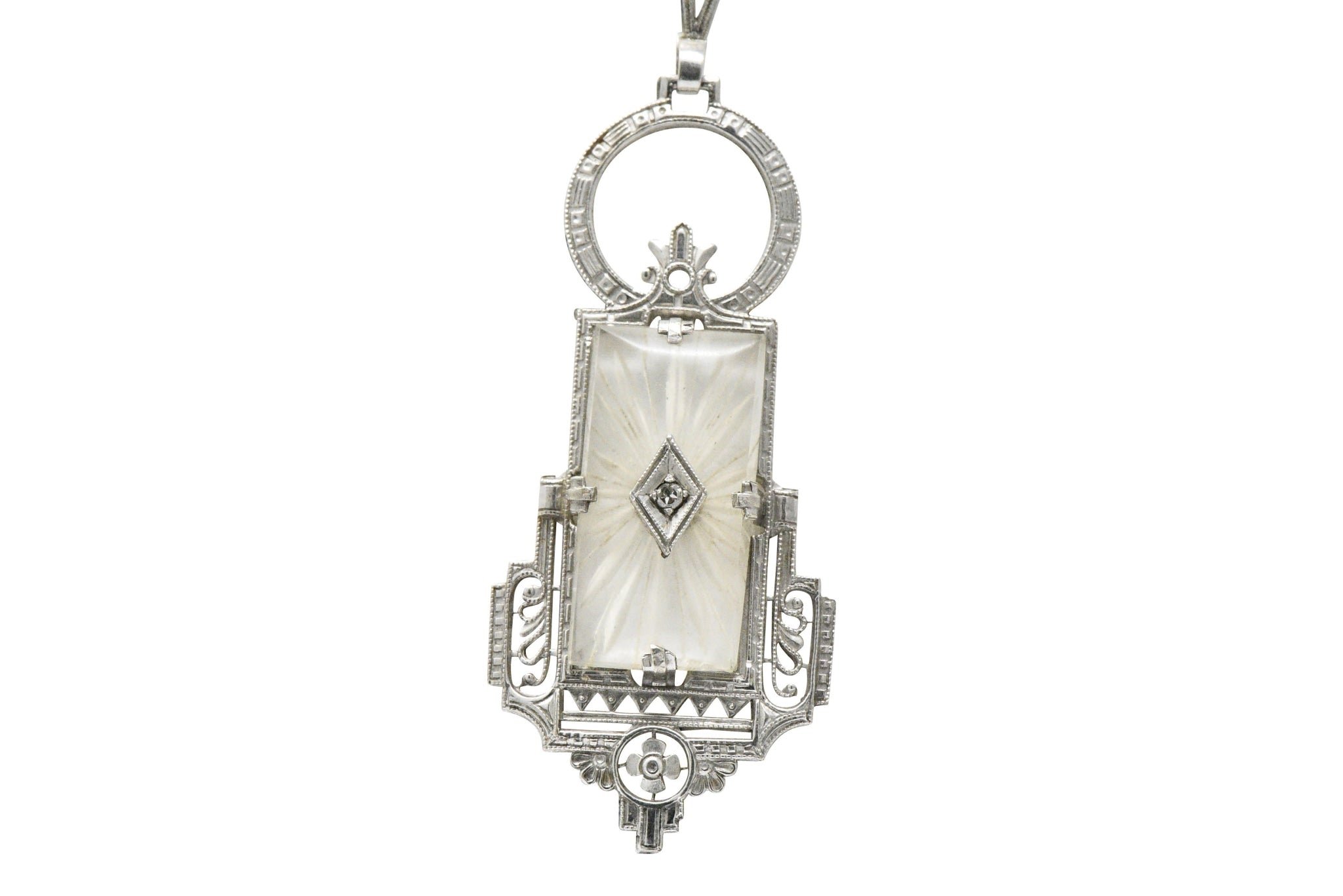 Art Deco Camphor Glass Diamond And 14 Karat White Gold Pendant Necklace Wilson's Estate Jewelry