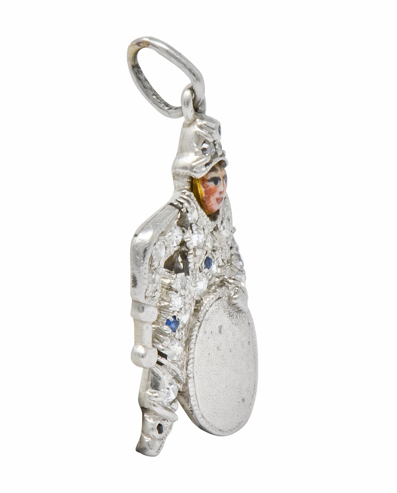 Art Deco Diamond Enamel Sapphire Platinum Drummer Boy Charm - Wilson's Estate Jewelry