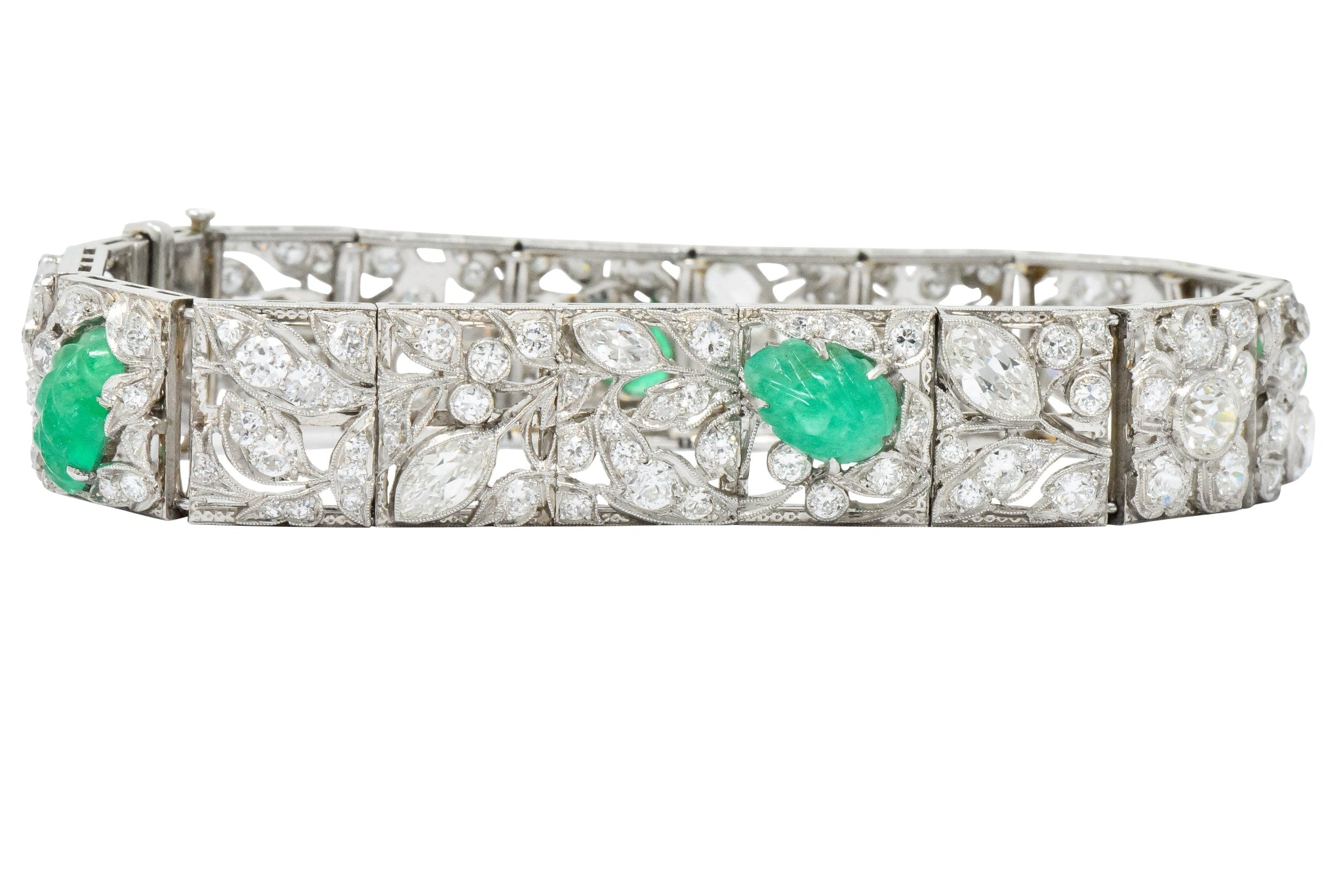 Art Deco Drosten 15.00 CTW Carved Emerald Diamond Platinum Bracelet Wilson's Estate Jewelry