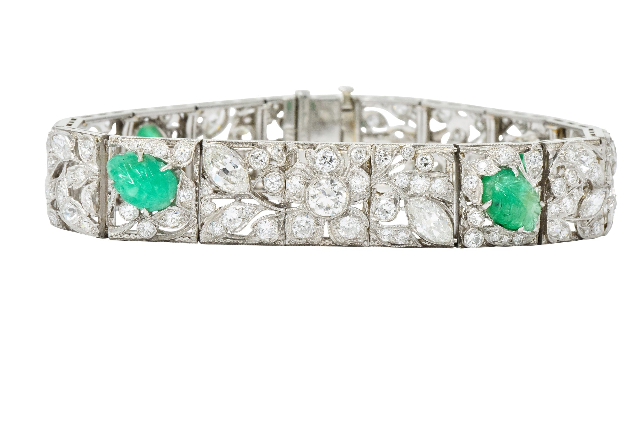 Art Deco Drosten 15.00 CTW Carved Emerald Diamond Platinum Bracelet Wilson's Estate Jewelry