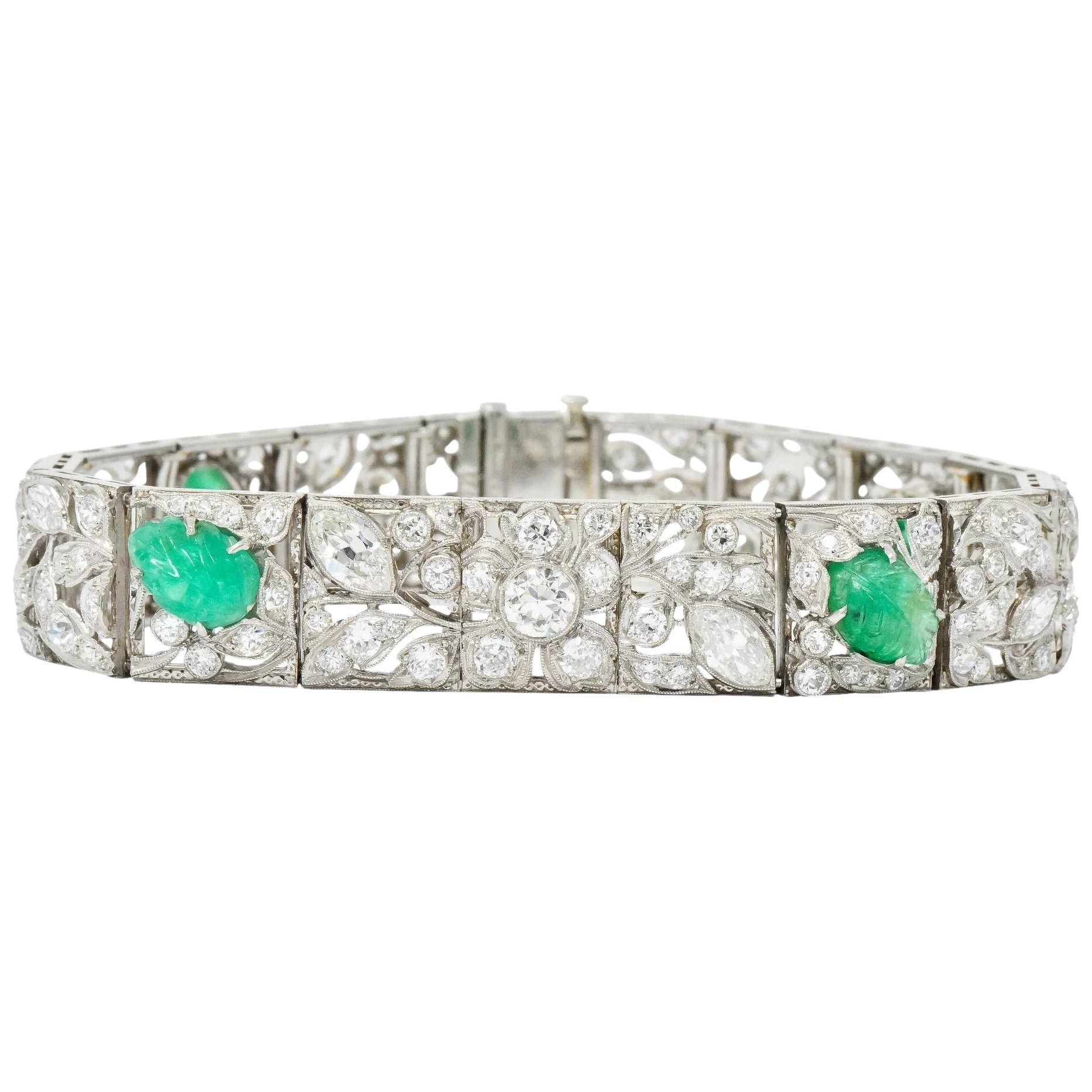 Art Deco Drosten 15.00 CTW Carved Emerald Diamond Platinum Bracelet Wilson's Estate Jewelry