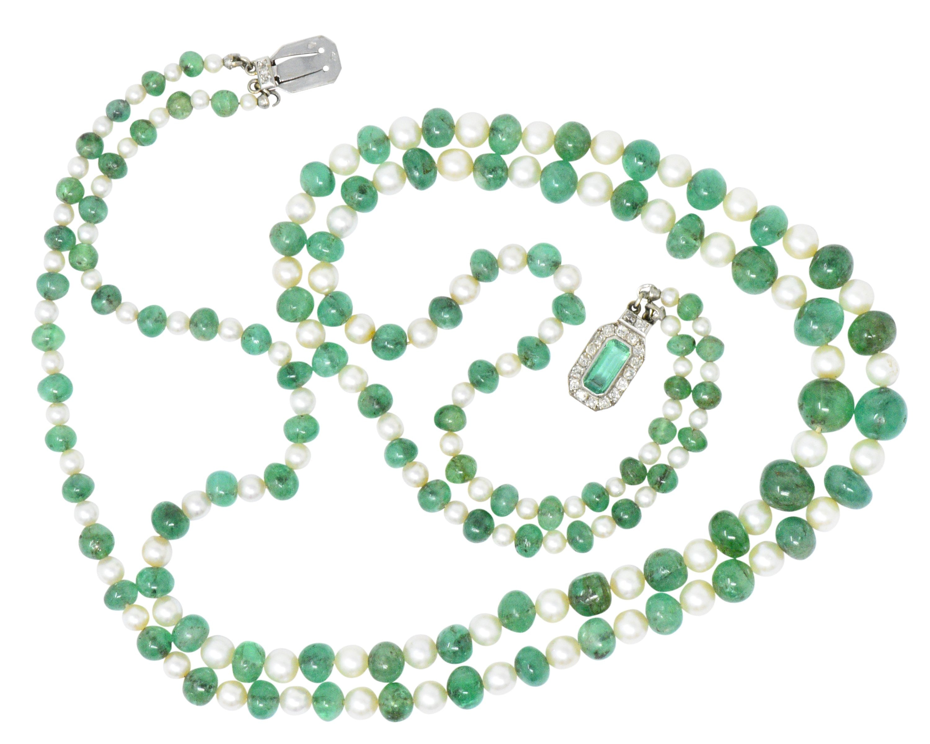 Art Deco French Diamond Emerald Cultured Pearl Platinum Double Strand Necklace Wilson's Estate Jewelry