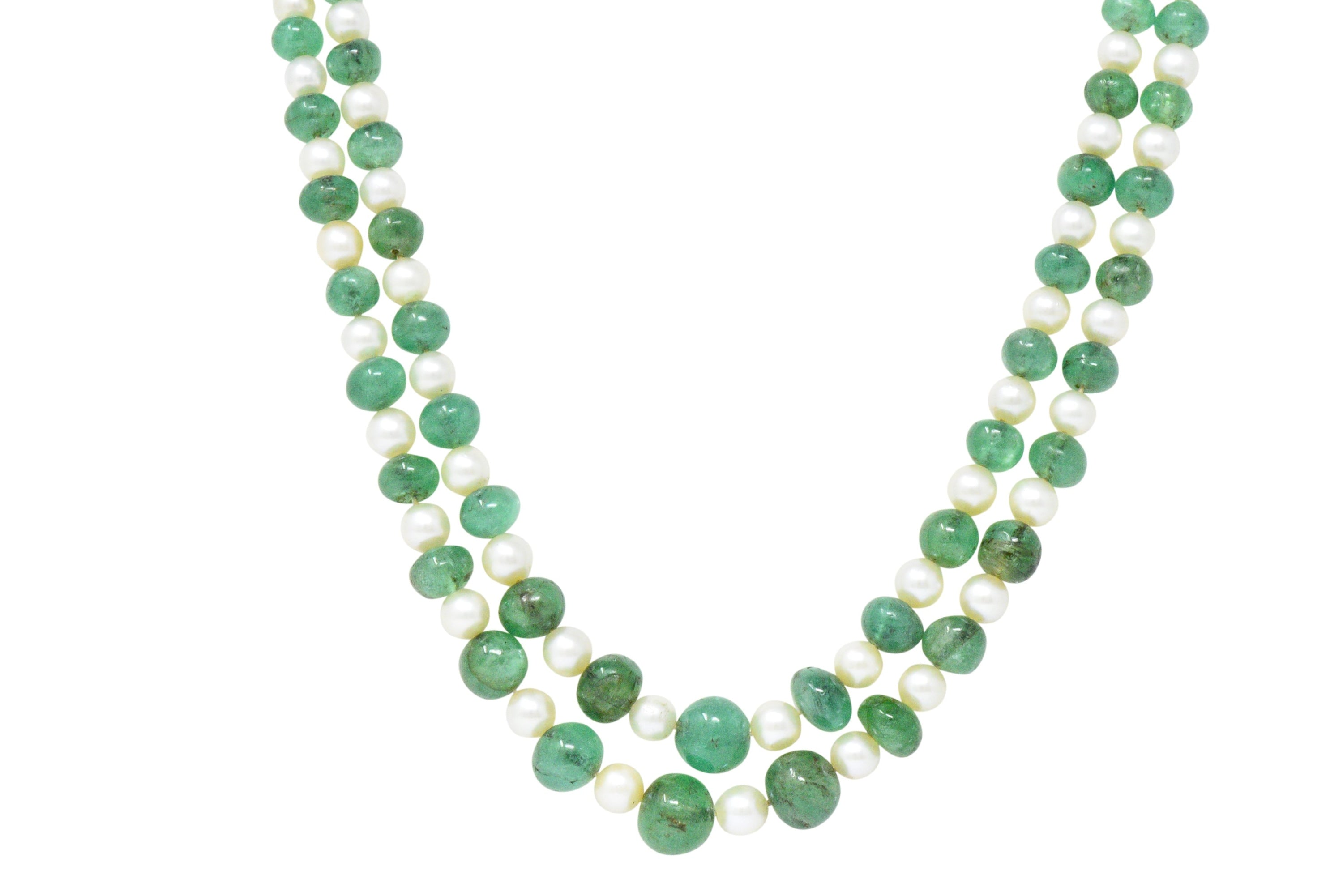 Art Deco French Diamond Emerald Cultured Pearl Platinum Double Strand Necklace Wilson's Estate Jewelry