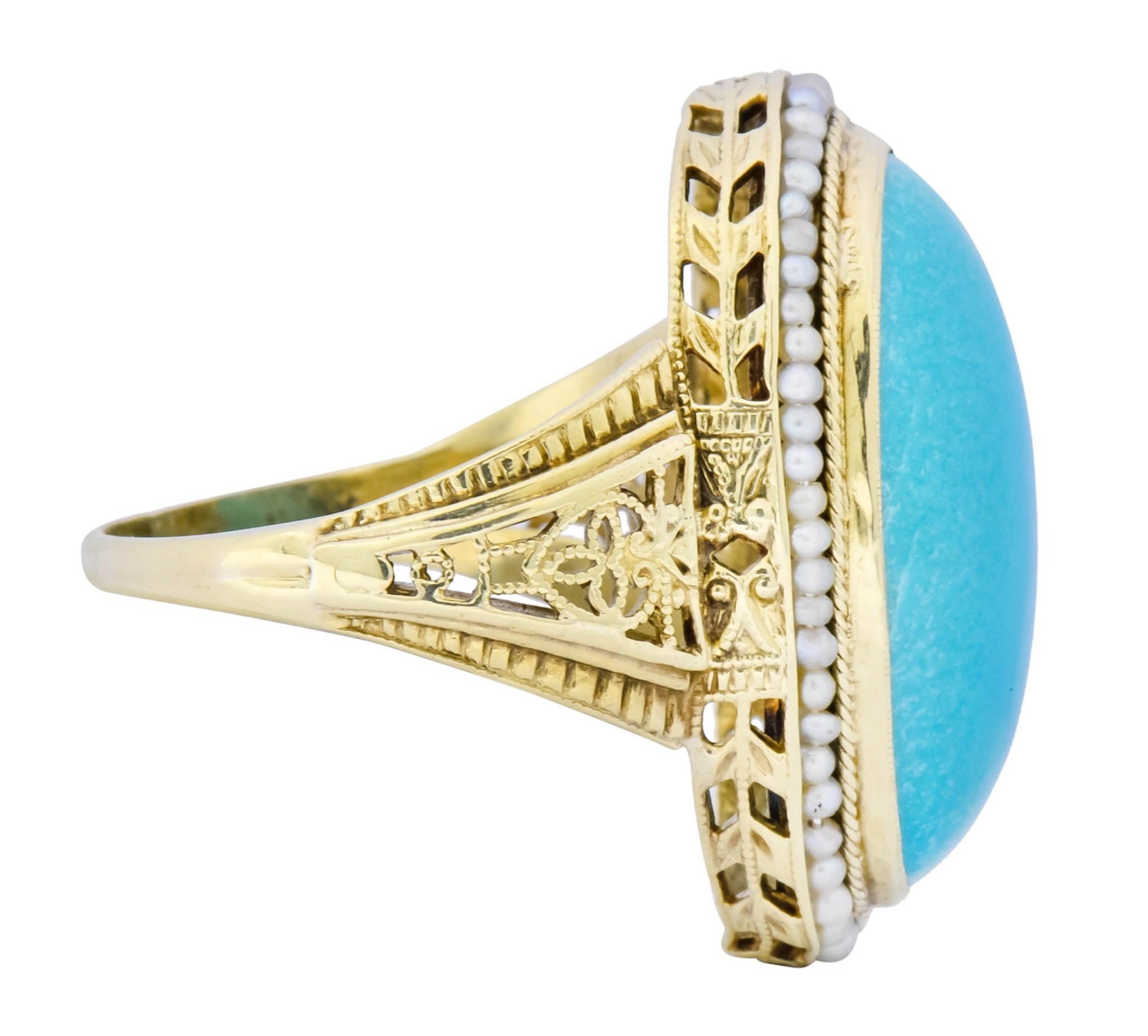 Art Deco Turquoise Seed Pearl 14 Karat Gold Fashion Ring - Wilson's Estate Jewelry