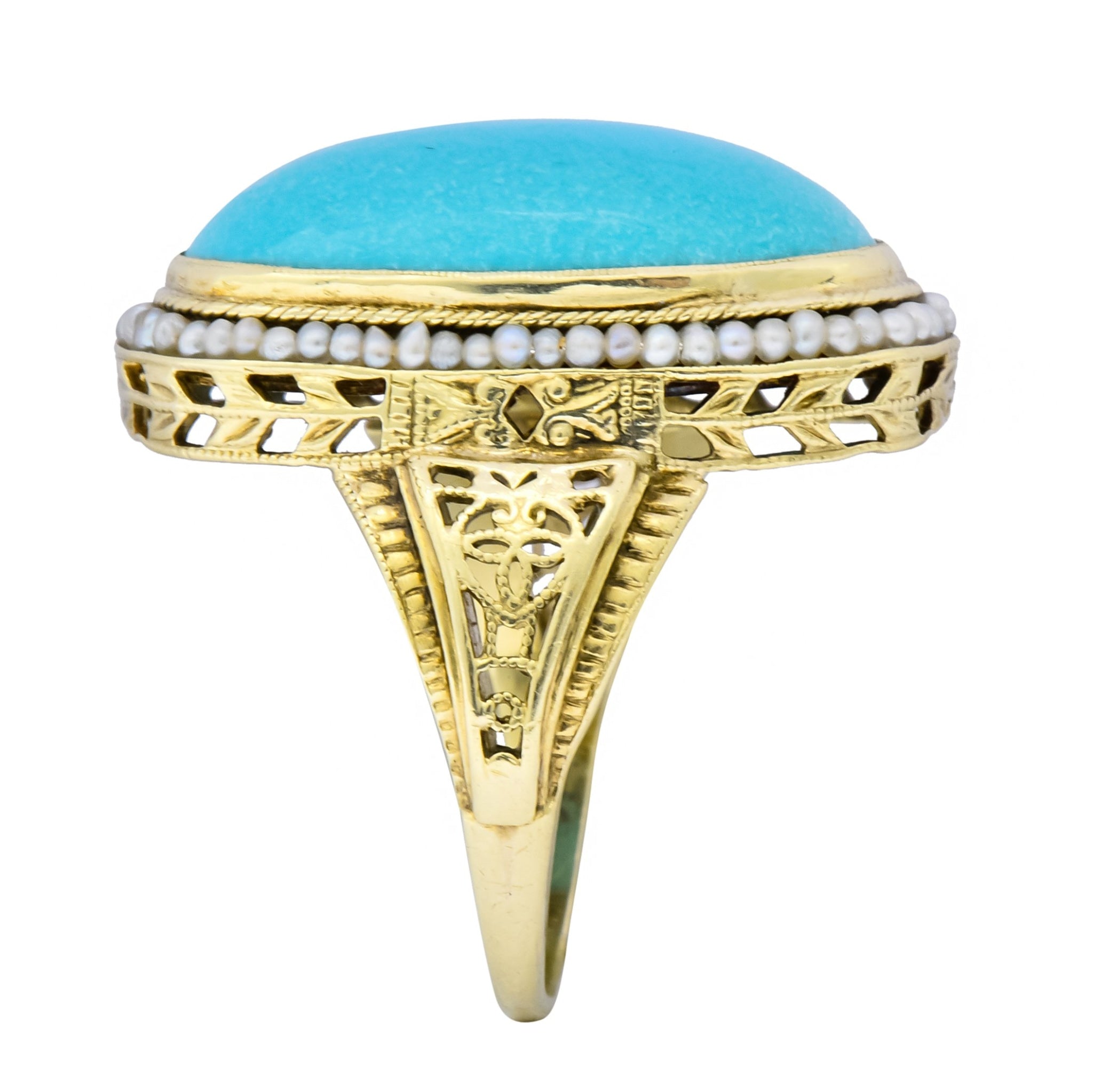 Art Deco Turquoise Seed Pearl 14 Karat Gold Fashion Ring - Wilson's Estate Jewelry