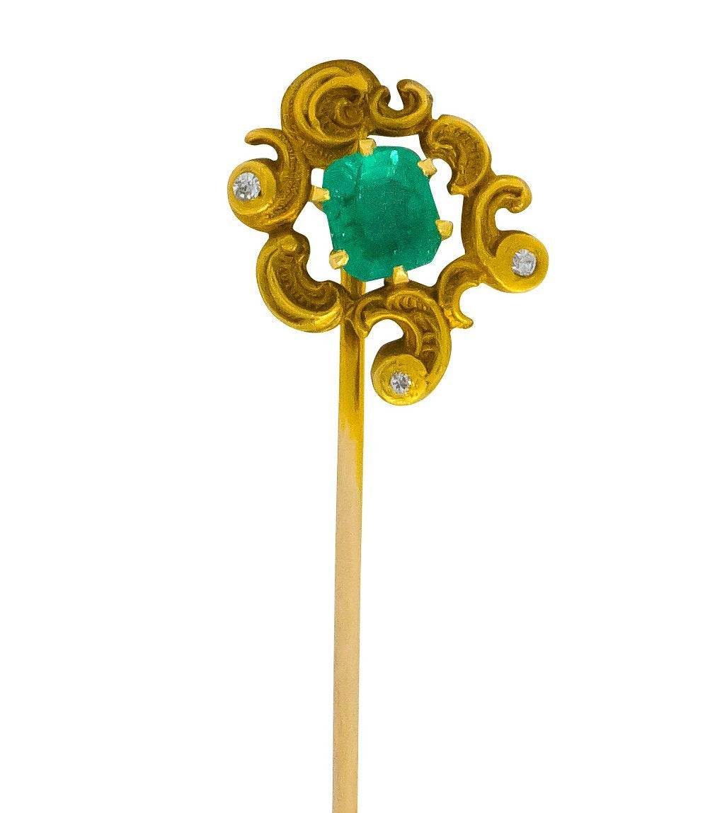 Art Nouveau Emerald Diamond Paisley Whiplash Stickpin - Wilson's Estate Jewelry