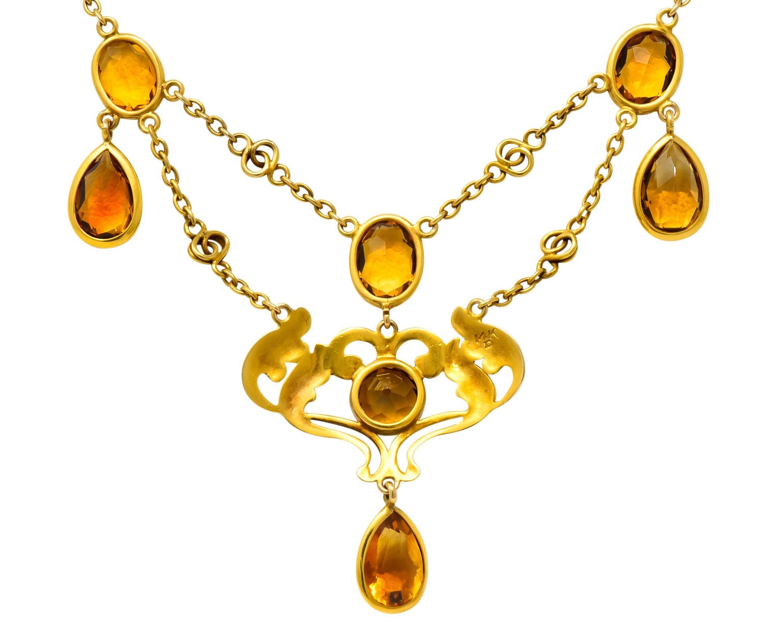 Art Nouveau 11.50 CTW Citrine 14 Karat Gold Swag Necklace - Wilson's Estate Jewelry