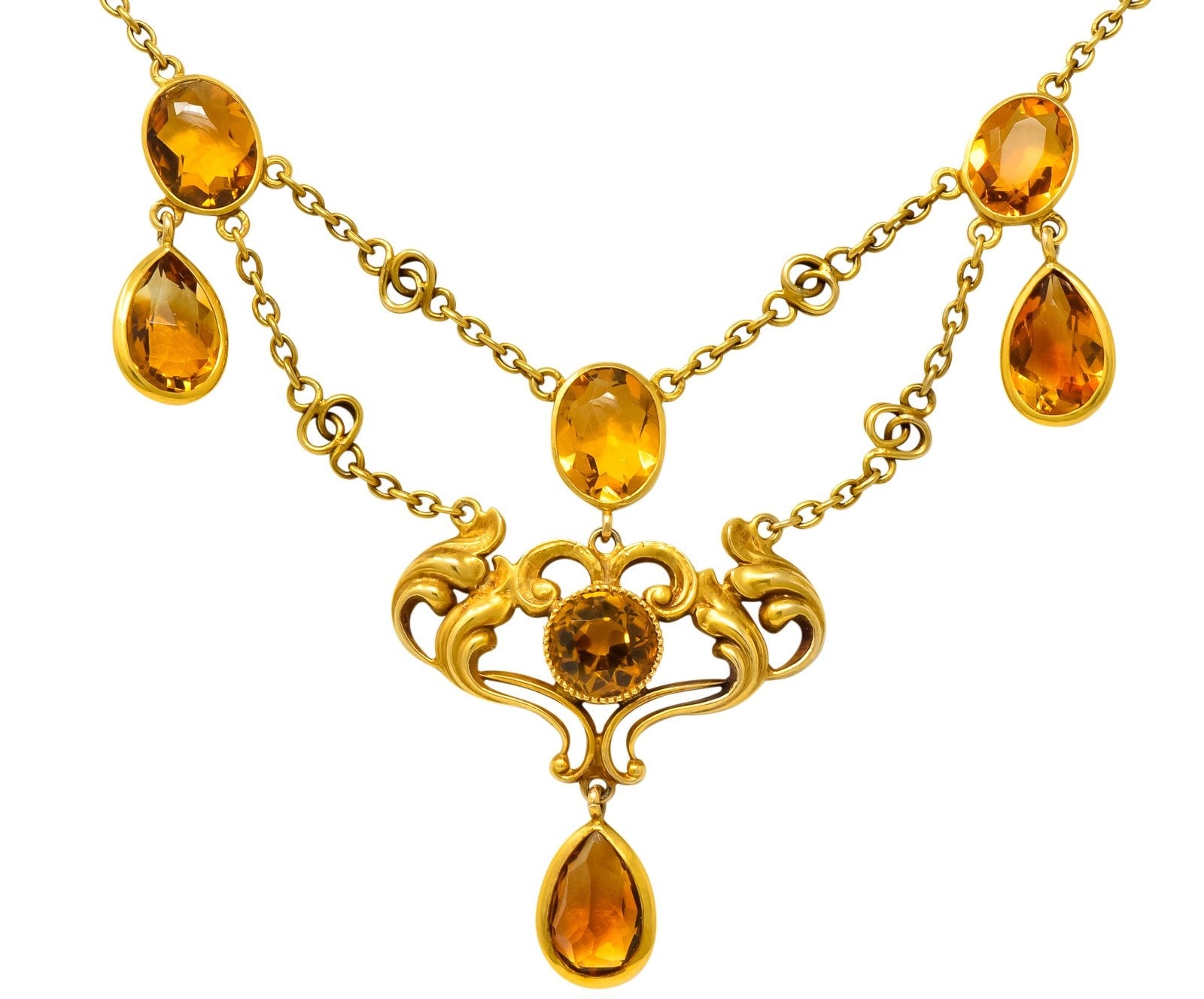 Art Nouveau 11.50 CTW Citrine 14 Karat Gold Swag Necklace - Wilson's Estate Jewelry