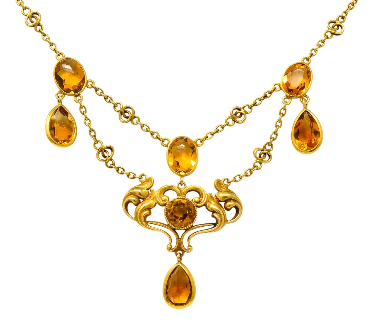 Art Nouveau 11.50 CTW Citrine 14 Karat Gold Swag Necklace - Wilson's Estate Jewelry