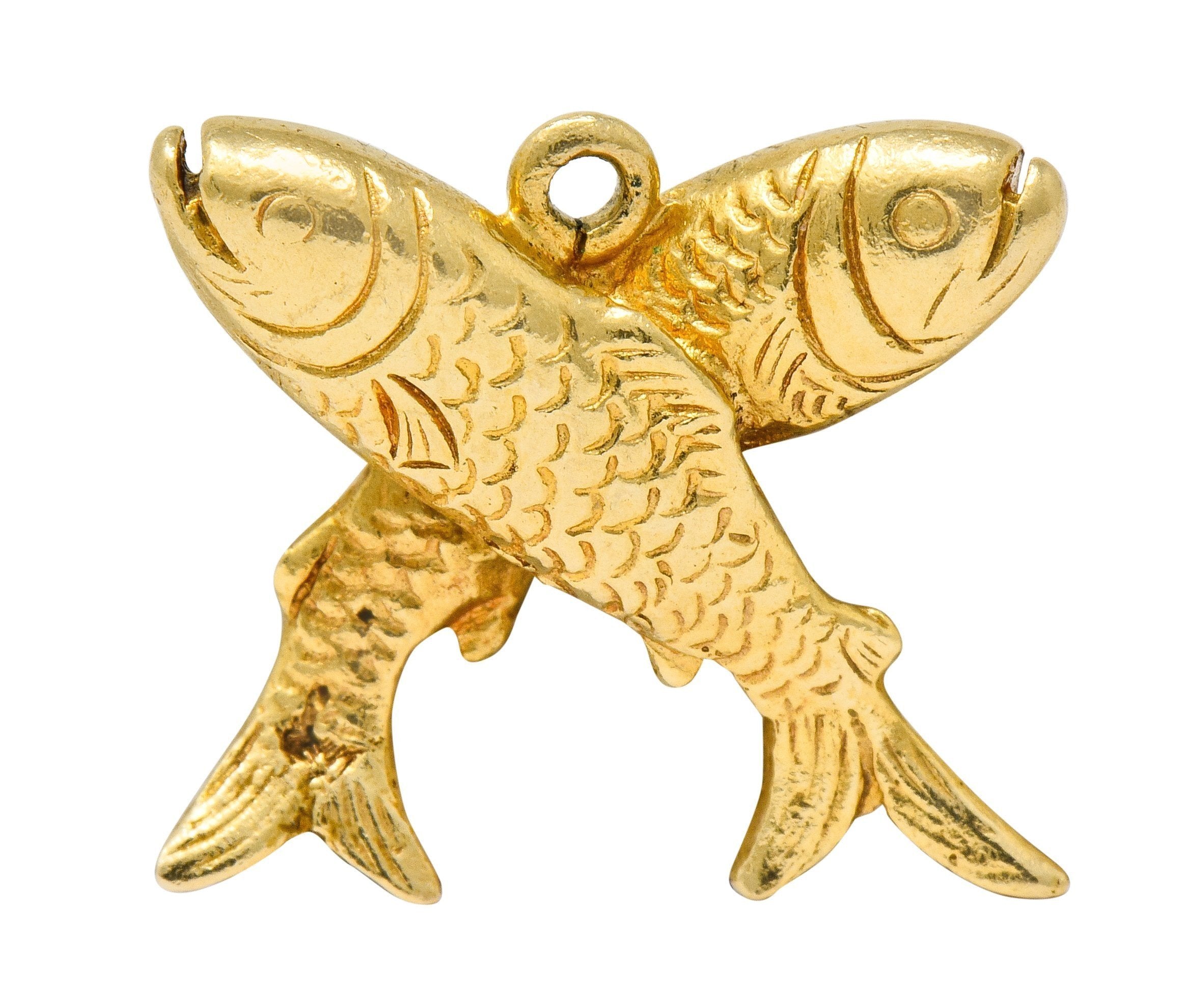 Art Nouveau 14 Karat Gold Crossed Fish Pisces Zodiac Charm - Wilson's Estate Jewelry