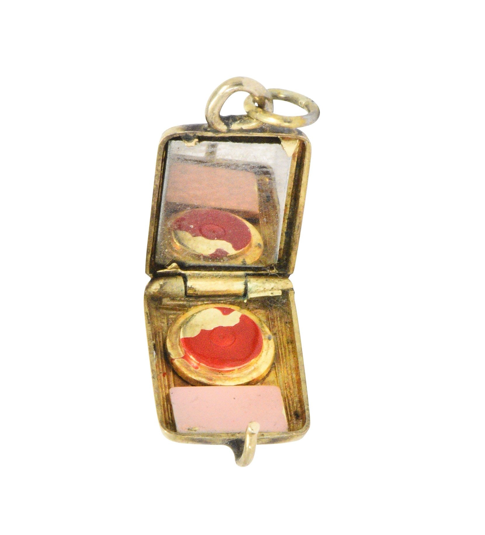 Retro Enamel 14 Karat Gold Articulated Makeup Compact Charm Wilson's Estate Jewelry