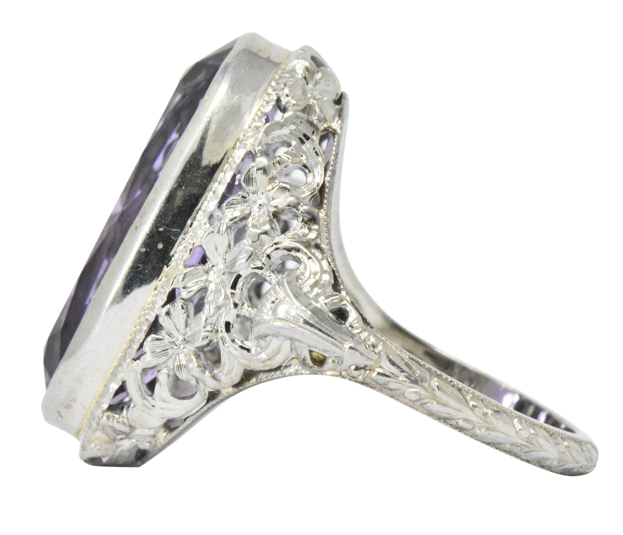 Art Nouveau 6.75 CTW Amethyst 18 Karat White Gold Ring Wilson's Estate Jewelry