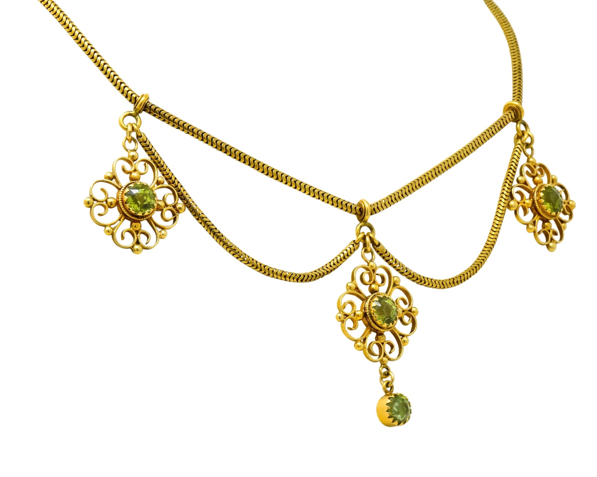 Art Nouveau 8.50 CTW Peridot 14 Karat Gold Swag Necklace - Wilson's Estate Jewelry