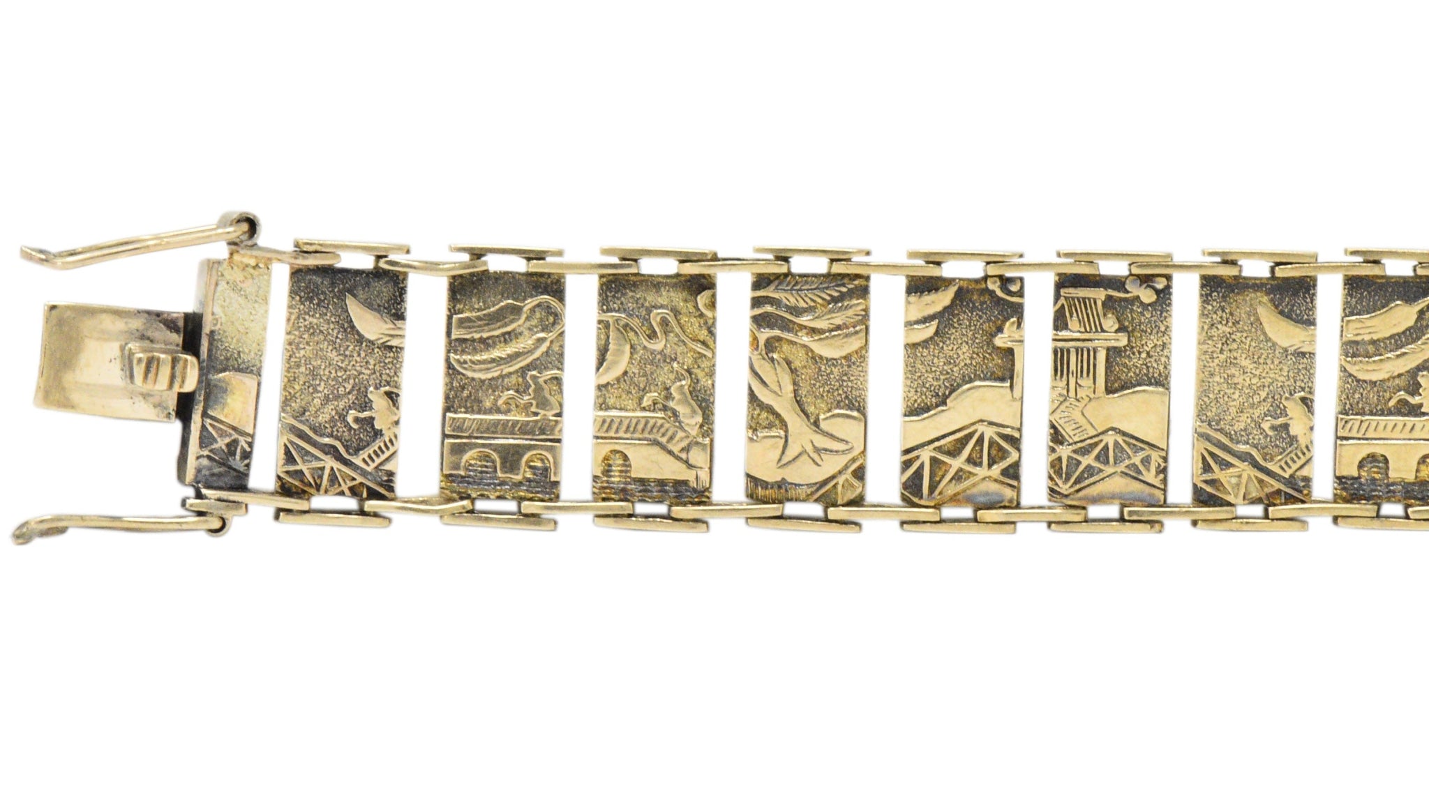 Art Nouveau 9 Karat Gold Asian Scenic Panel Link Bracelet Wilson's Estate Jewelry