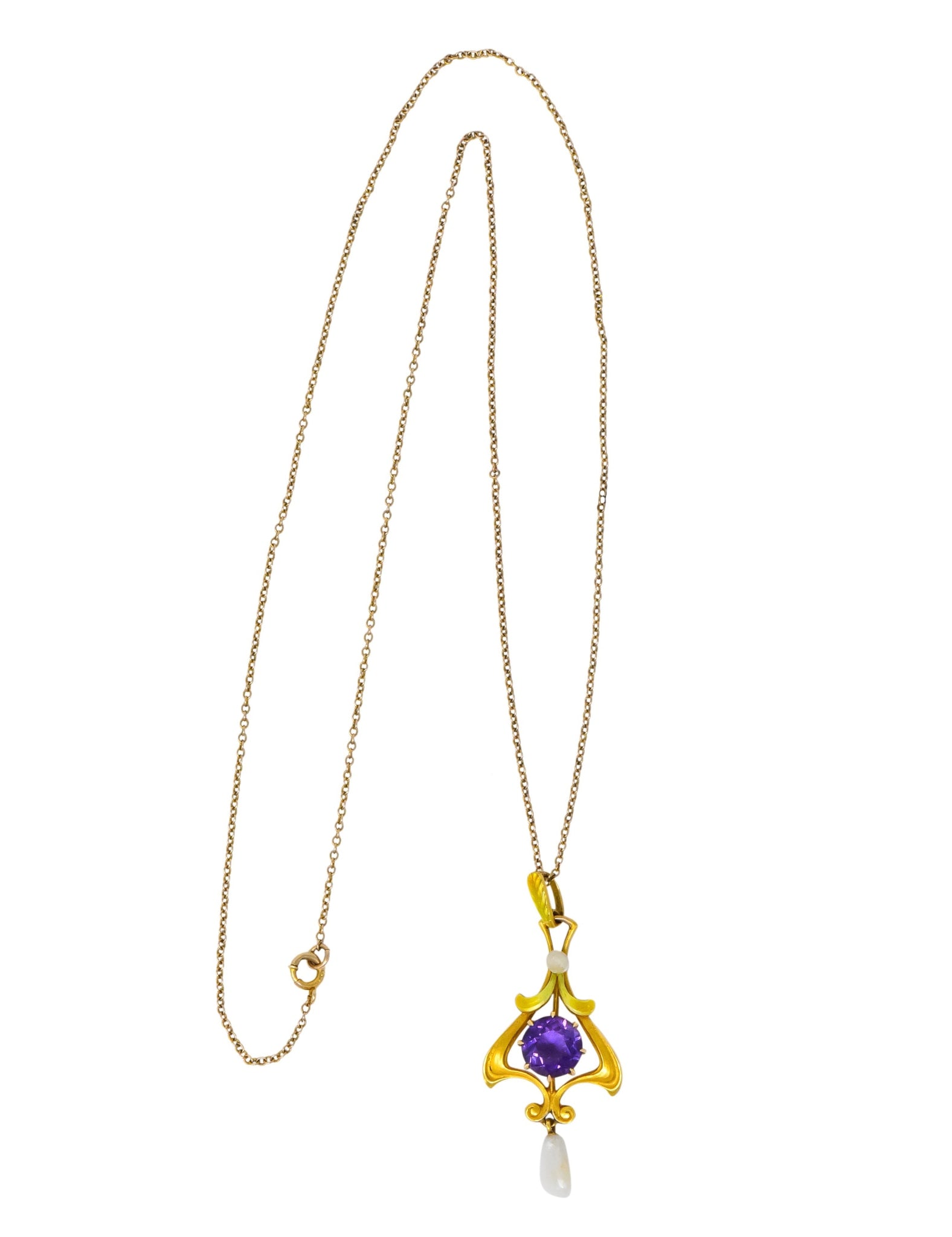 Art Nouveau Amethyst Pearl Enamel 14 Karat Gold Pendant Necklace - Wilson's Estate Jewelry