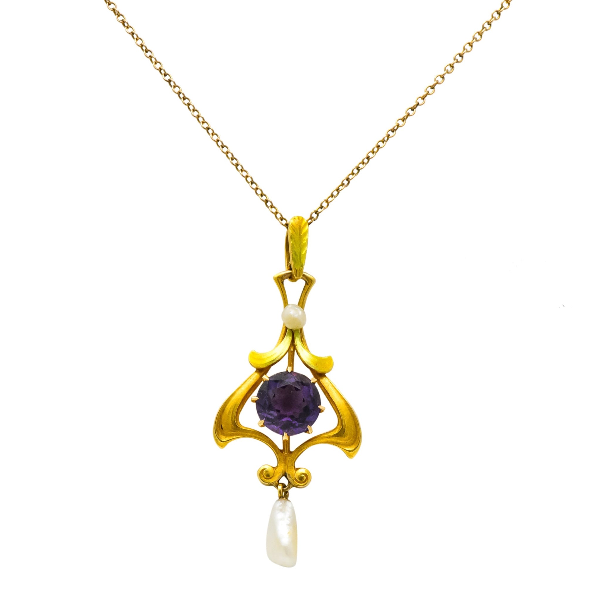 Art Nouveau Amethyst Pearl Enamel 14 Karat Gold Pendant Necklace - Wilson's Estate Jewelry