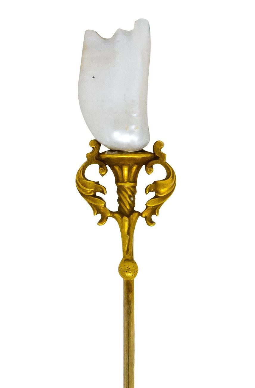 Art Nouveau Baroque Pearl 14 Karat Gold Sconce Ornamental Stickpin - Wilson's Estate Jewelry