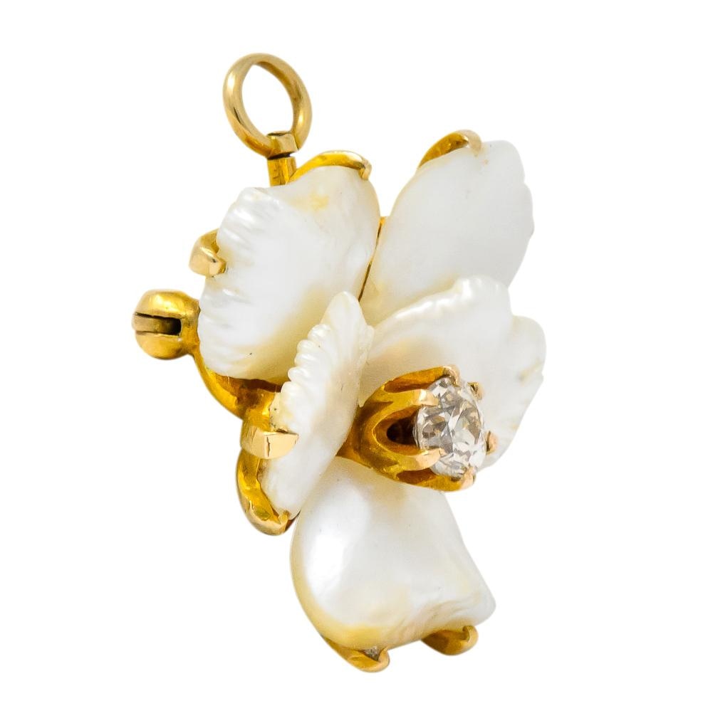 Art Nouveau Diamond Baroque Pearl 14 Karat Gold Pansy Flower Pendant Brooch - Wilson's Estate Jewelry