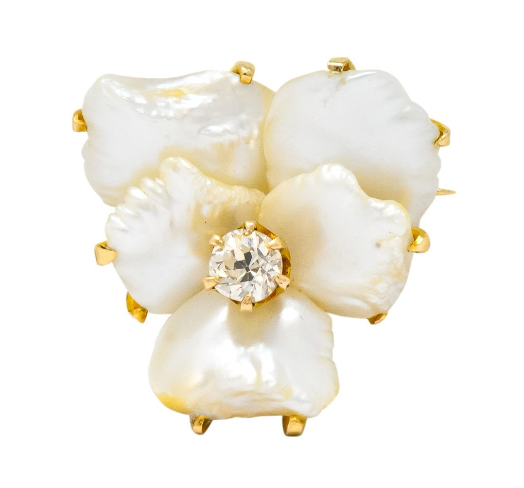 Art Nouveau Diamond Baroque Pearl 14 Karat Gold Pansy Flower Pendant Brooch - Wilson's Estate Jewelry