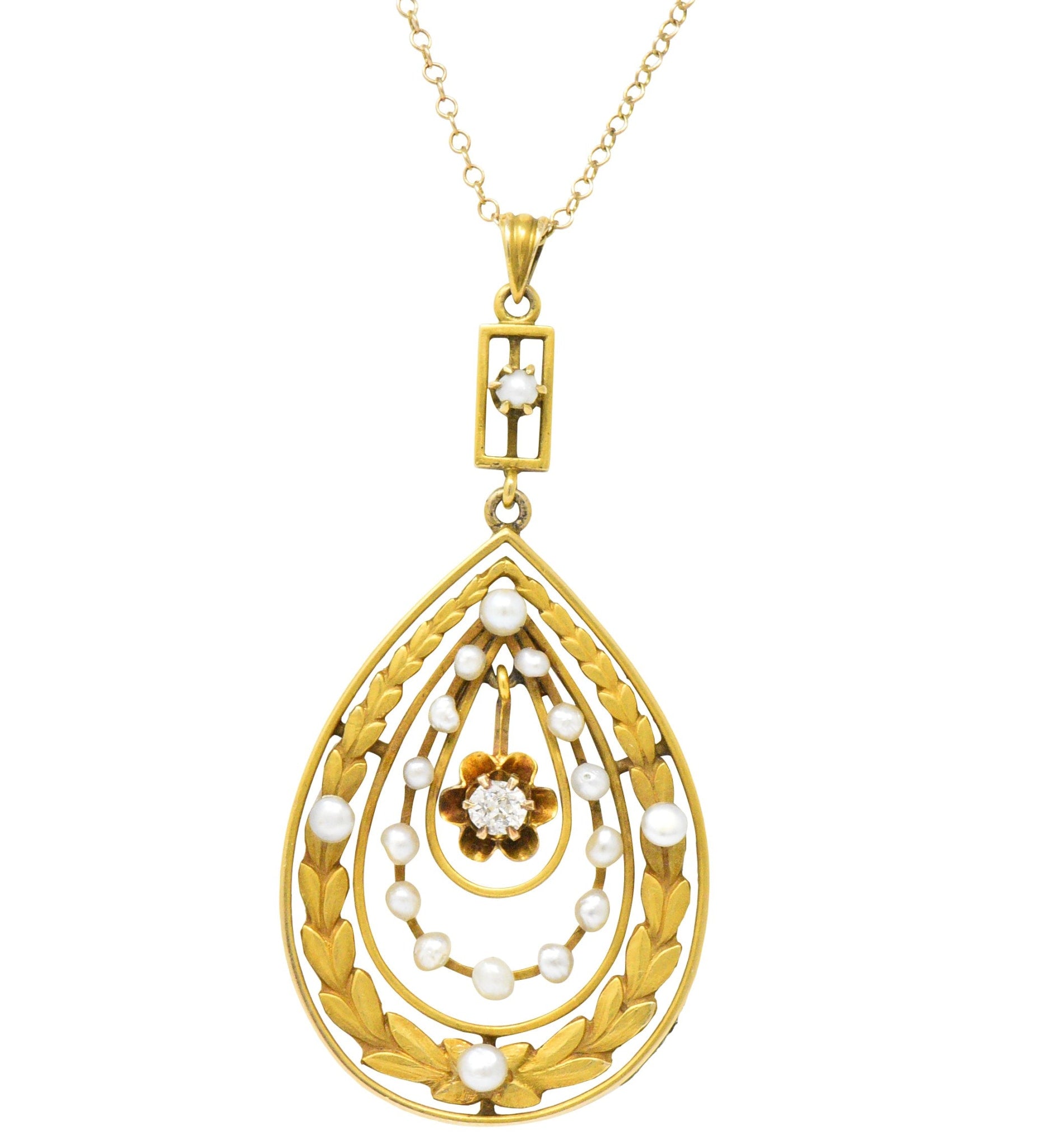 Art Nouveau Diamond Seed Pearl 14 Karat Gold Drop Pendant Necklace Wilson's Estate Jewelry