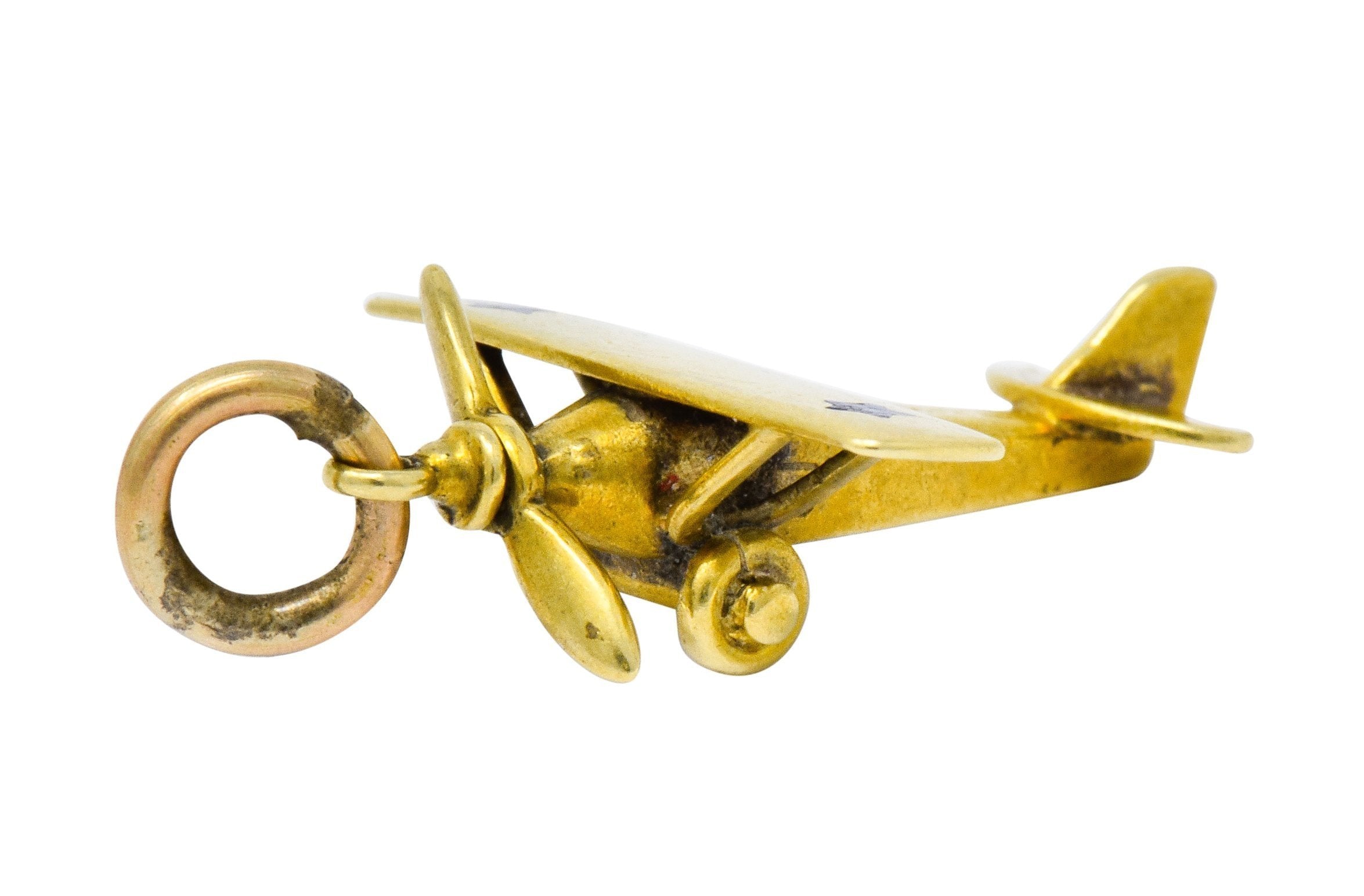 Art Nouveau Enamel 14 Karat Gold Star Propeller Plane Charm - Wilson's Estate Jewelry