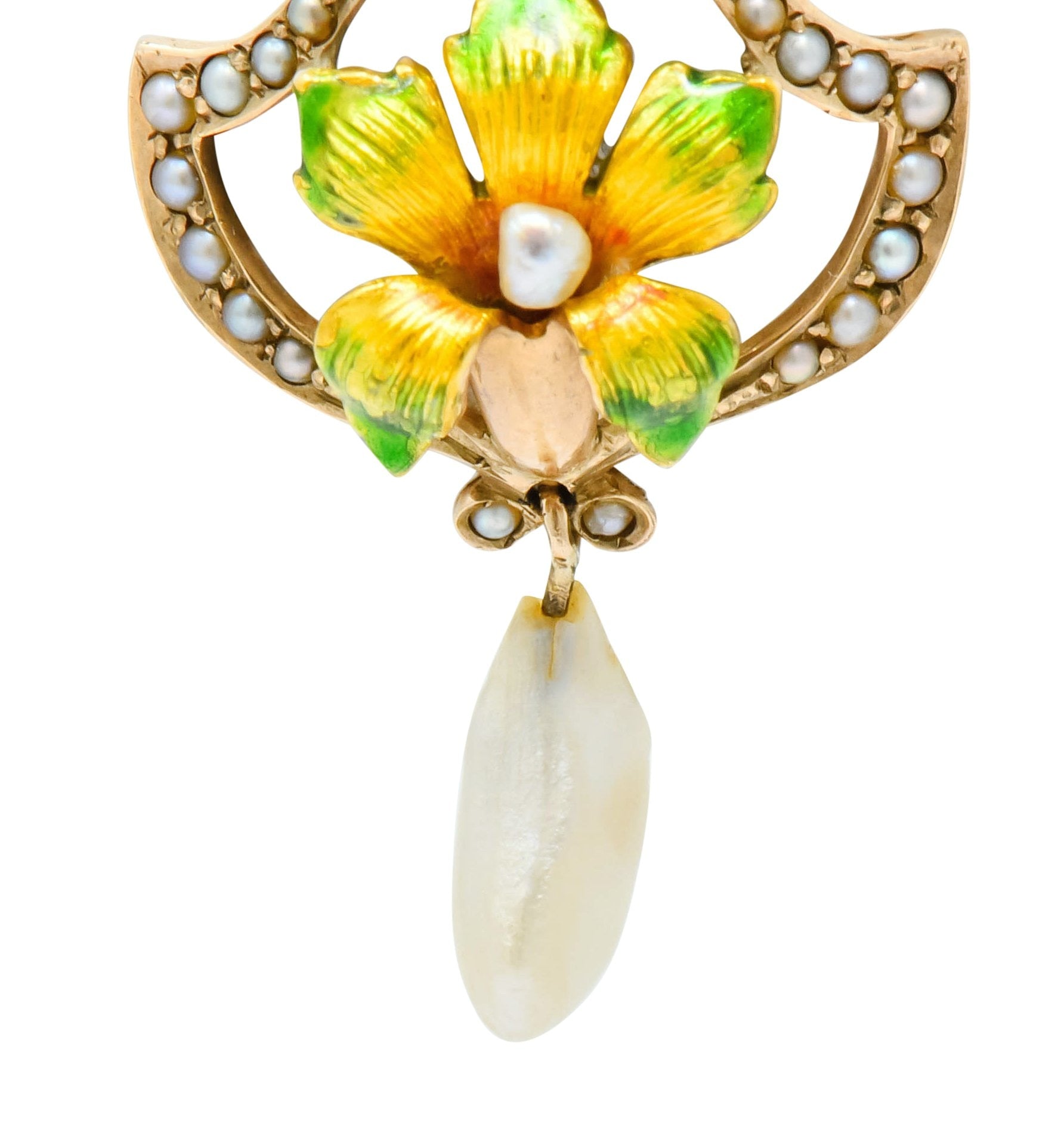 Art Nouveau Enamel Pearl Diamond 14 Karat Gold Lily Flower Pendant - Wilson's Estate Jewelry