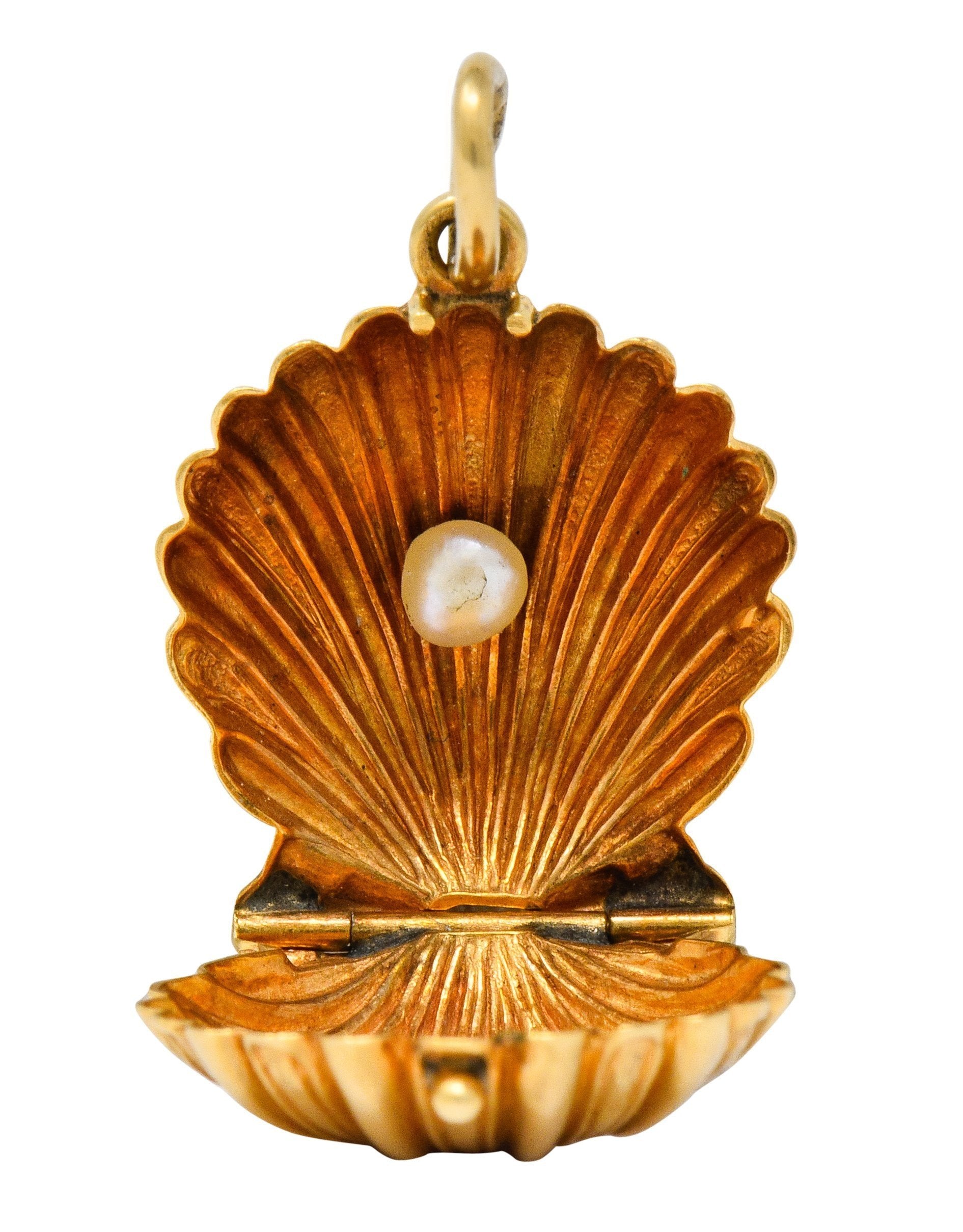 Art Nouveau Natural Freshwater Pearl 14 Karat Gold Clam Shell Locket Charm - Wilson's Estate Jewelry