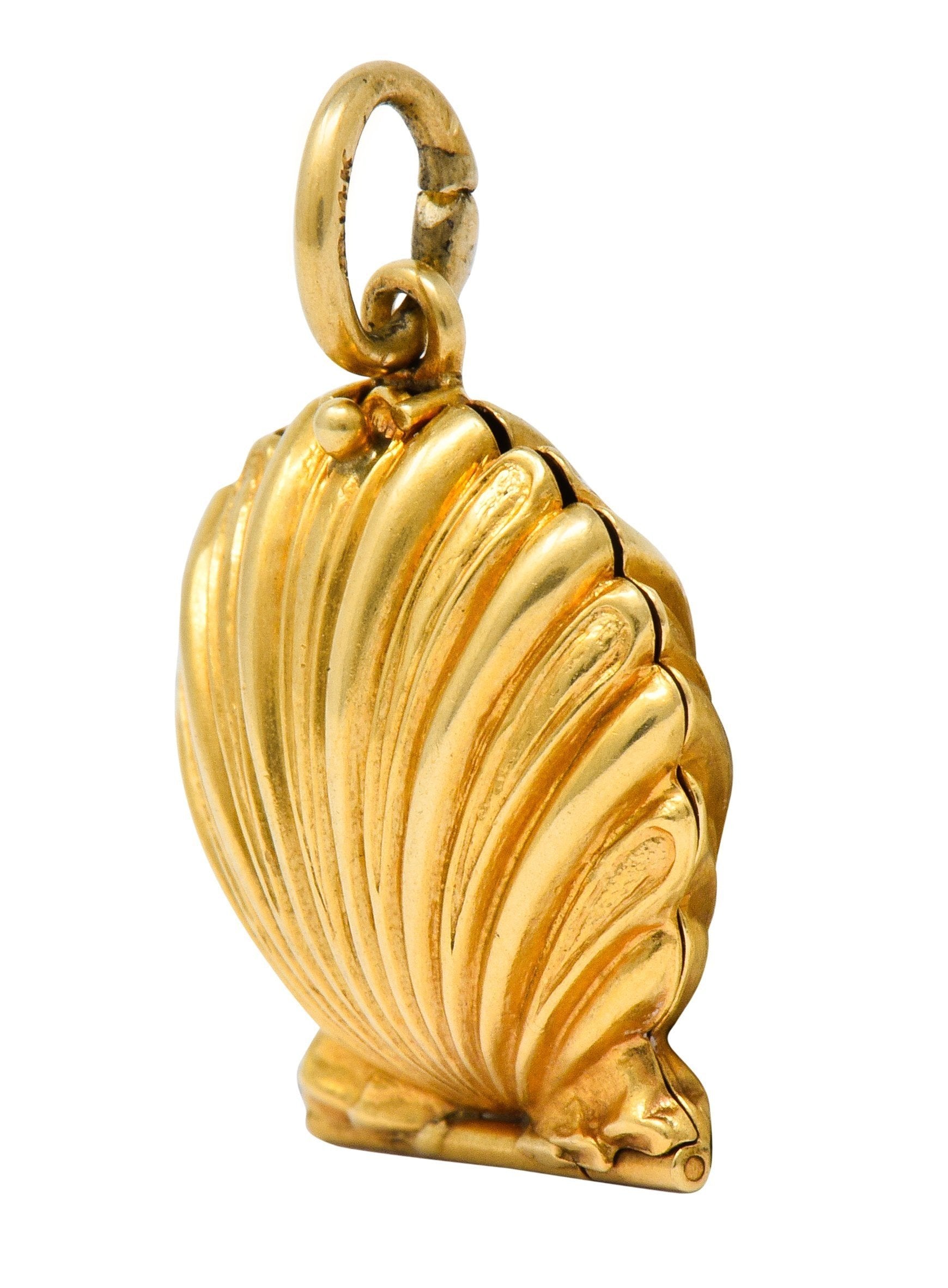 Art Nouveau Natural Freshwater Pearl 14 Karat Gold Clam Shell Locket Charm - Wilson's Estate Jewelry