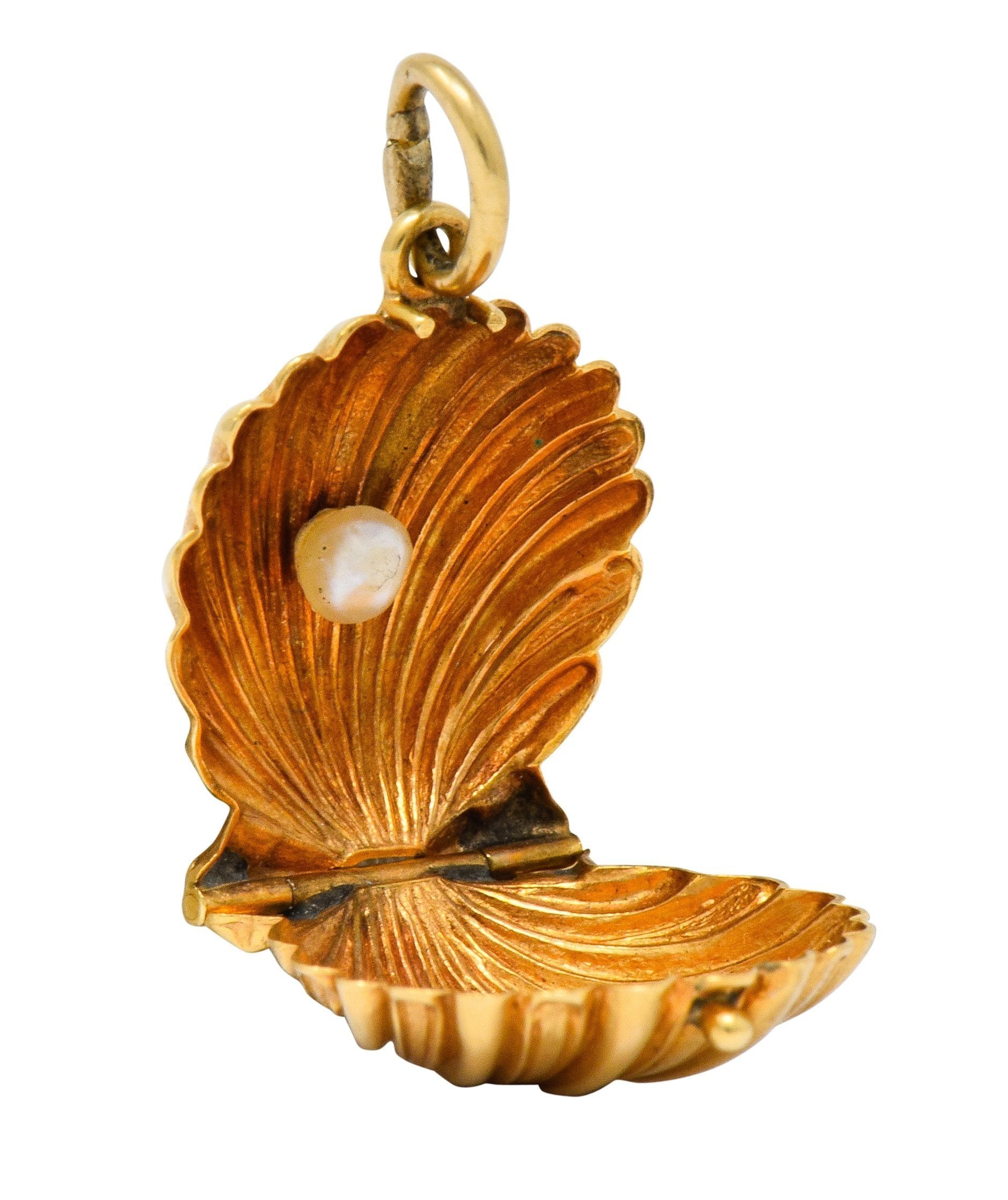 Art Nouveau Natural Freshwater Pearl 14 Karat Gold Clam Shell Locket Charm - Wilson's Estate Jewelry