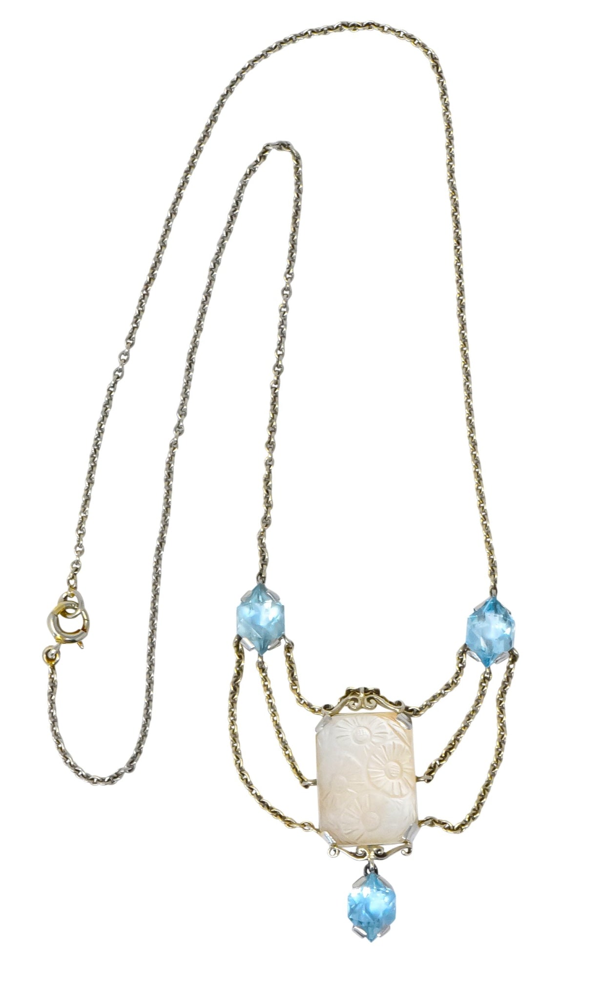 Art Nouveau Rock Crystal Mother of Pearl Aquamarine 18 Karat Gold Swag Necklace - Wilson's Estate Jewelry