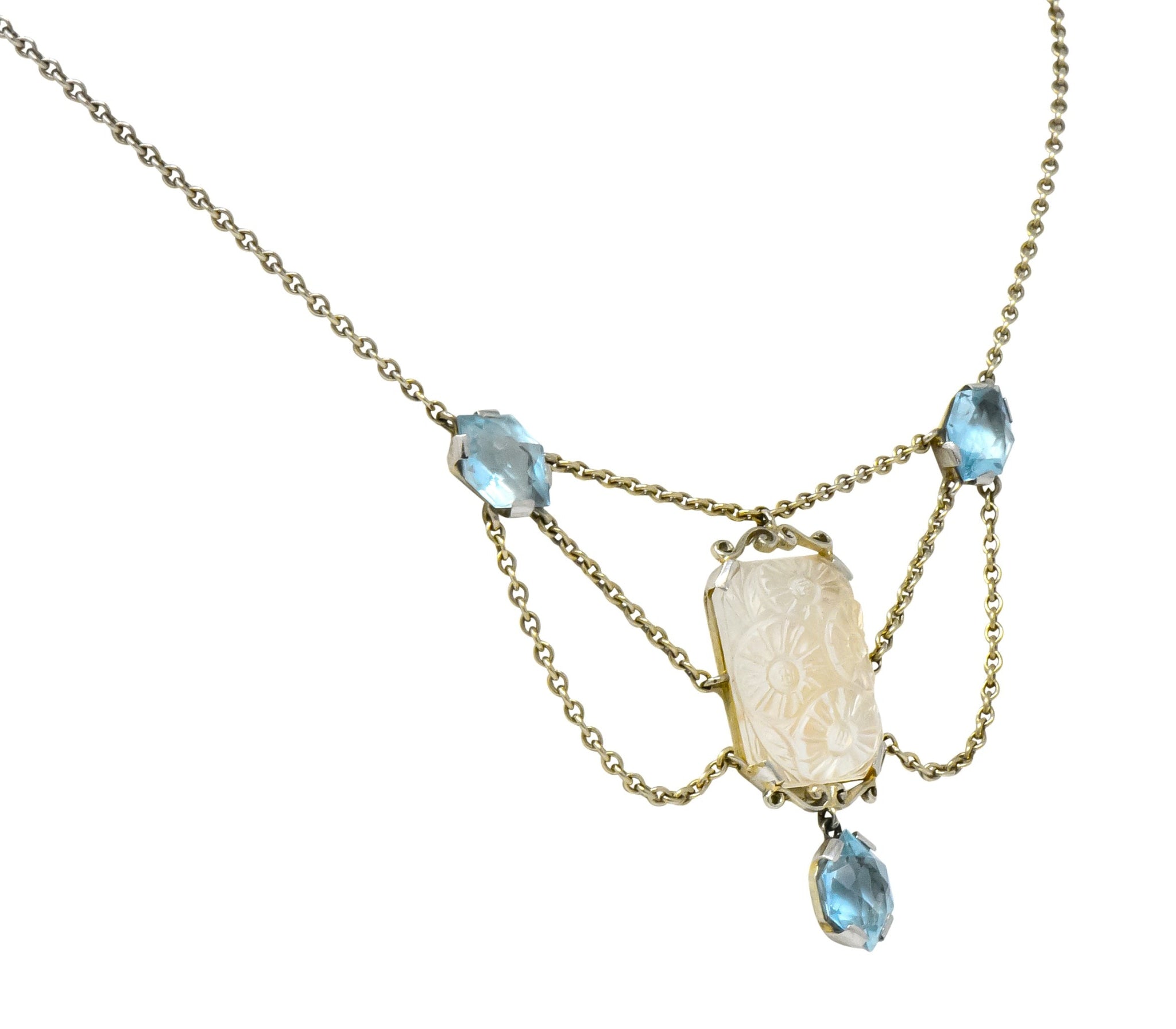 Art Nouveau Rock Crystal Mother of Pearl Aquamarine 18 Karat Gold Swag Necklace - Wilson's Estate Jewelry