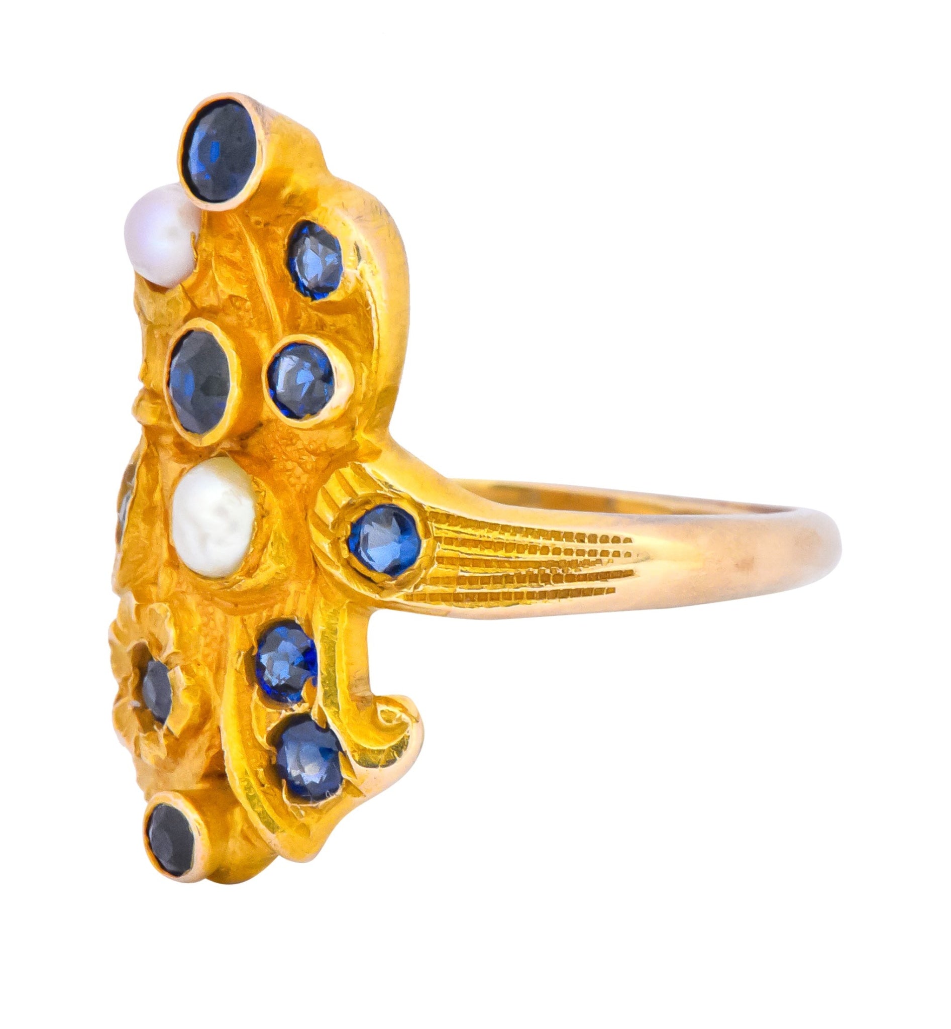 Art Nouveau Sapphire Pearl 14 Karat Gold Flower Dinner Ring - Wilson's Estate Jewelry