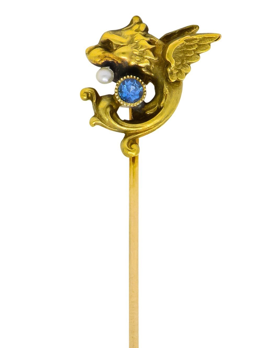 Art Nouveau Sapphire Seed Pearl 14 Karat Gold Winged Griffin Stickpin - Wilson's Estate Jewelry