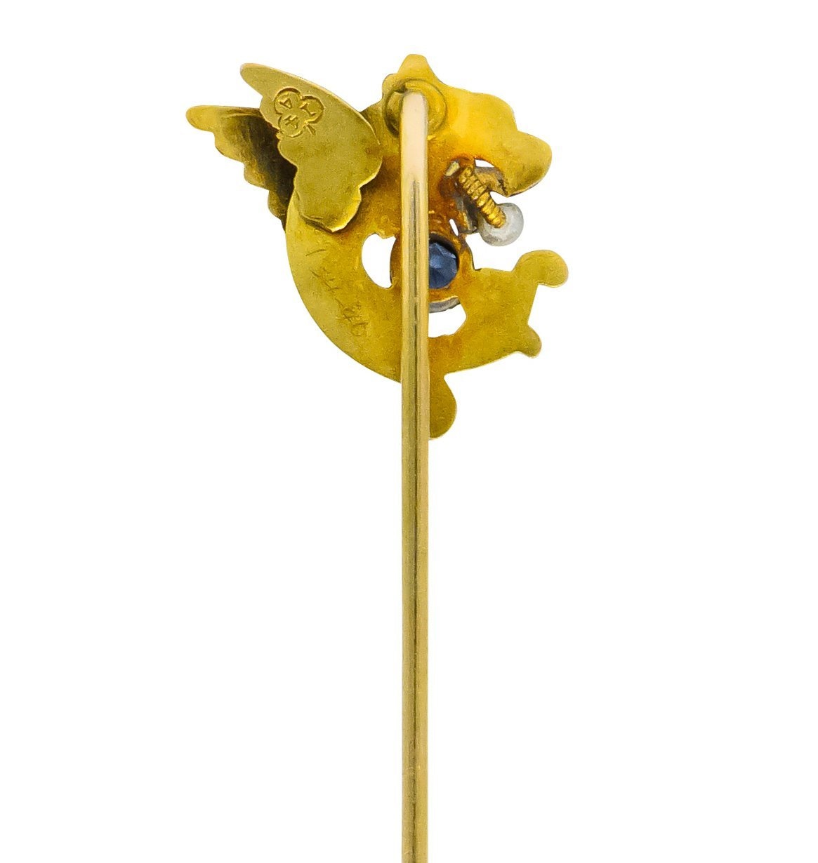 Art Nouveau Sapphire Seed Pearl 14 Karat Gold Winged Griffin Stickpin - Wilson's Estate Jewelry