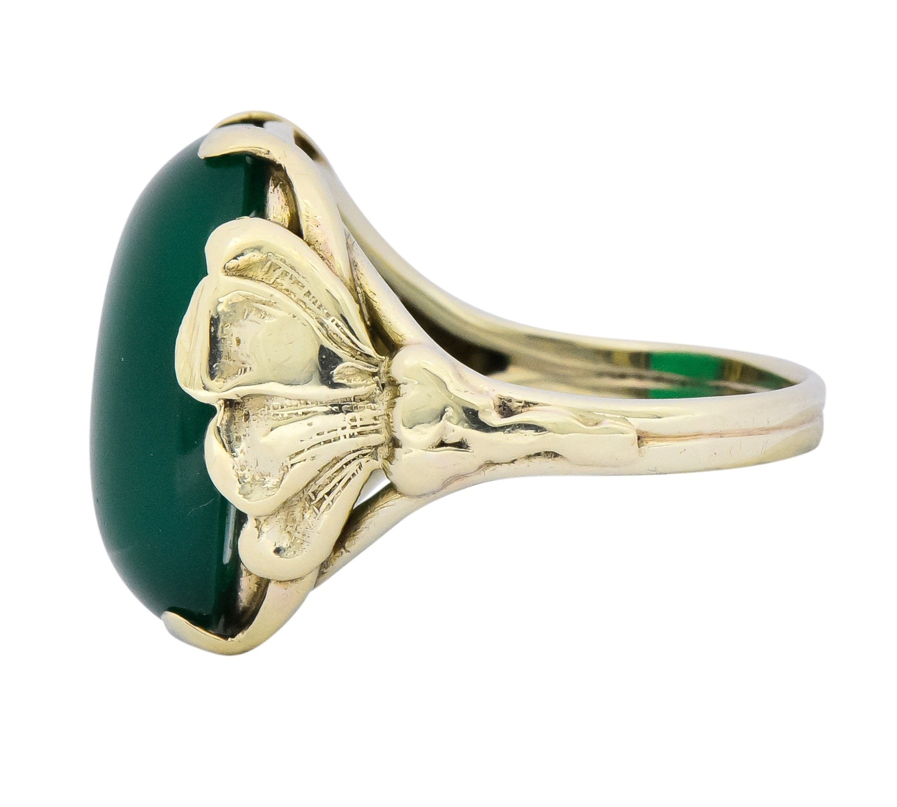 Arts & Crafts Chrysoprase 14 Karat Gold Lotus Ring - Wilson's Estate Jewelry