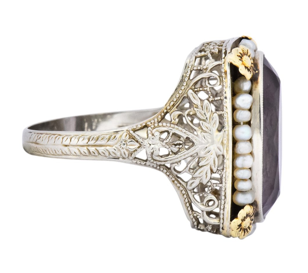 Belle Époque Amethyst Pearl 14 Karat Two-Tone Gold Cocktail Ring - Wilson's Estate Jewelry