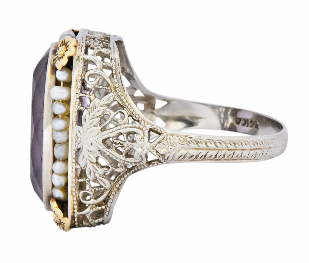 Belle Époque Amethyst Pearl 14 Karat Two-Tone Gold Cocktail Ring - Wilson's Estate Jewelry