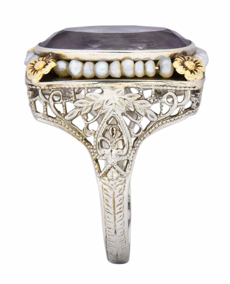 Belle Époque Amethyst Pearl 14 Karat Two-Tone Gold Cocktail Ring - Wilson's Estate Jewelry