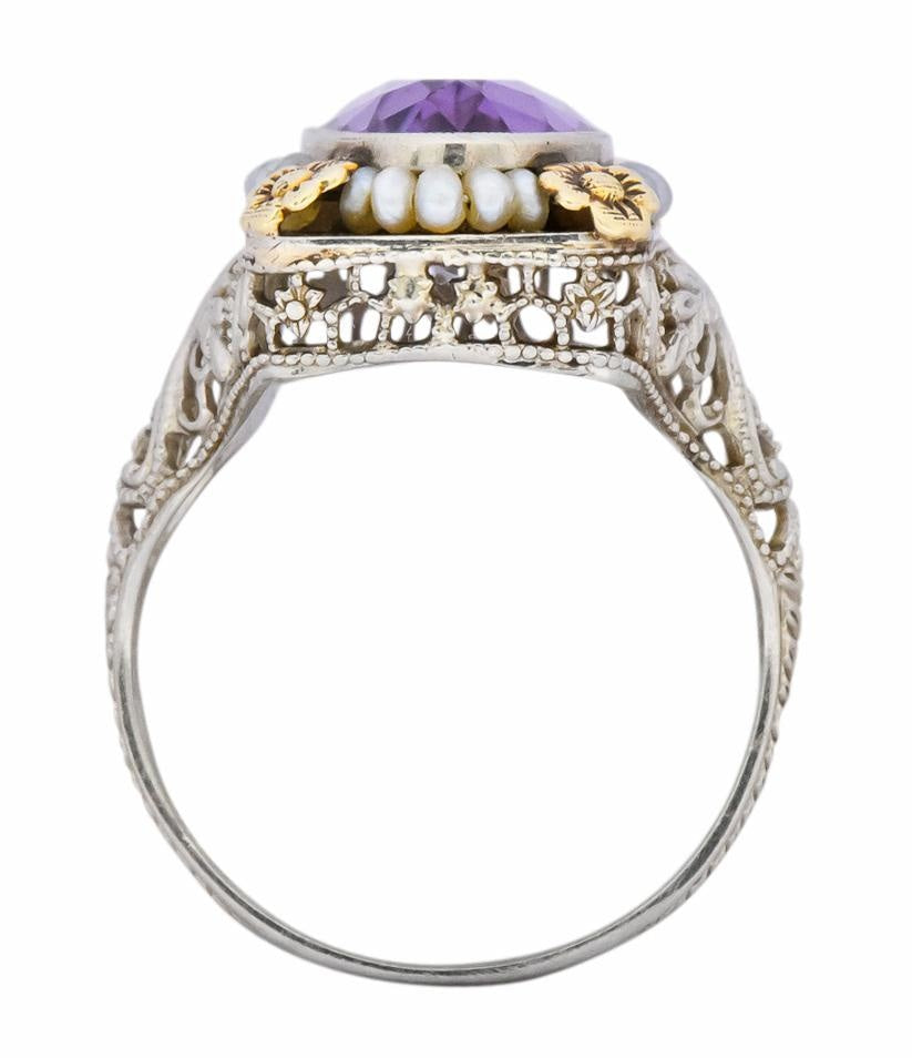 Belle Époque Amethyst Pearl 14 Karat Two-Tone Gold Cocktail Ring - Wilson's Estate Jewelry