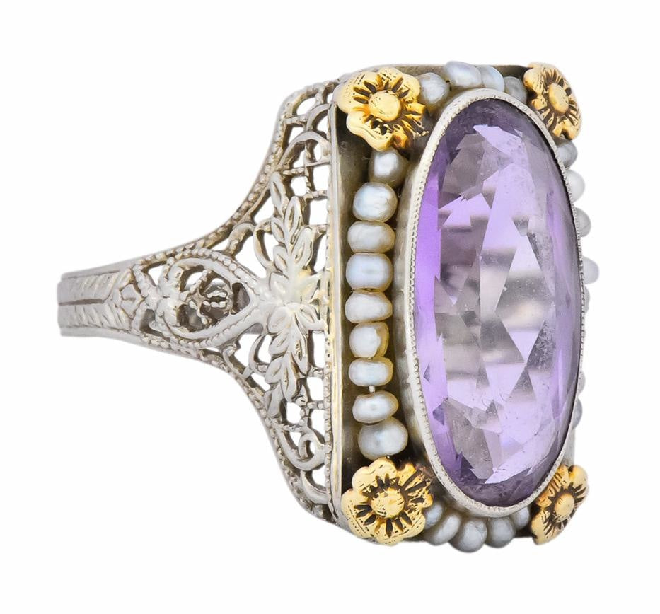 Belle Époque Amethyst Pearl 14 Karat Two-Tone Gold Cocktail Ring - Wilson's Estate Jewelry