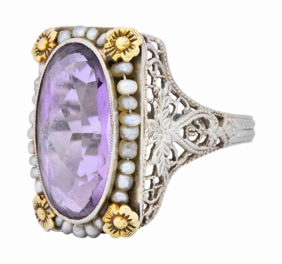 Belle Époque Amethyst Pearl 14 Karat Two-Tone Gold Cocktail Ring - Wilson's Estate Jewelry