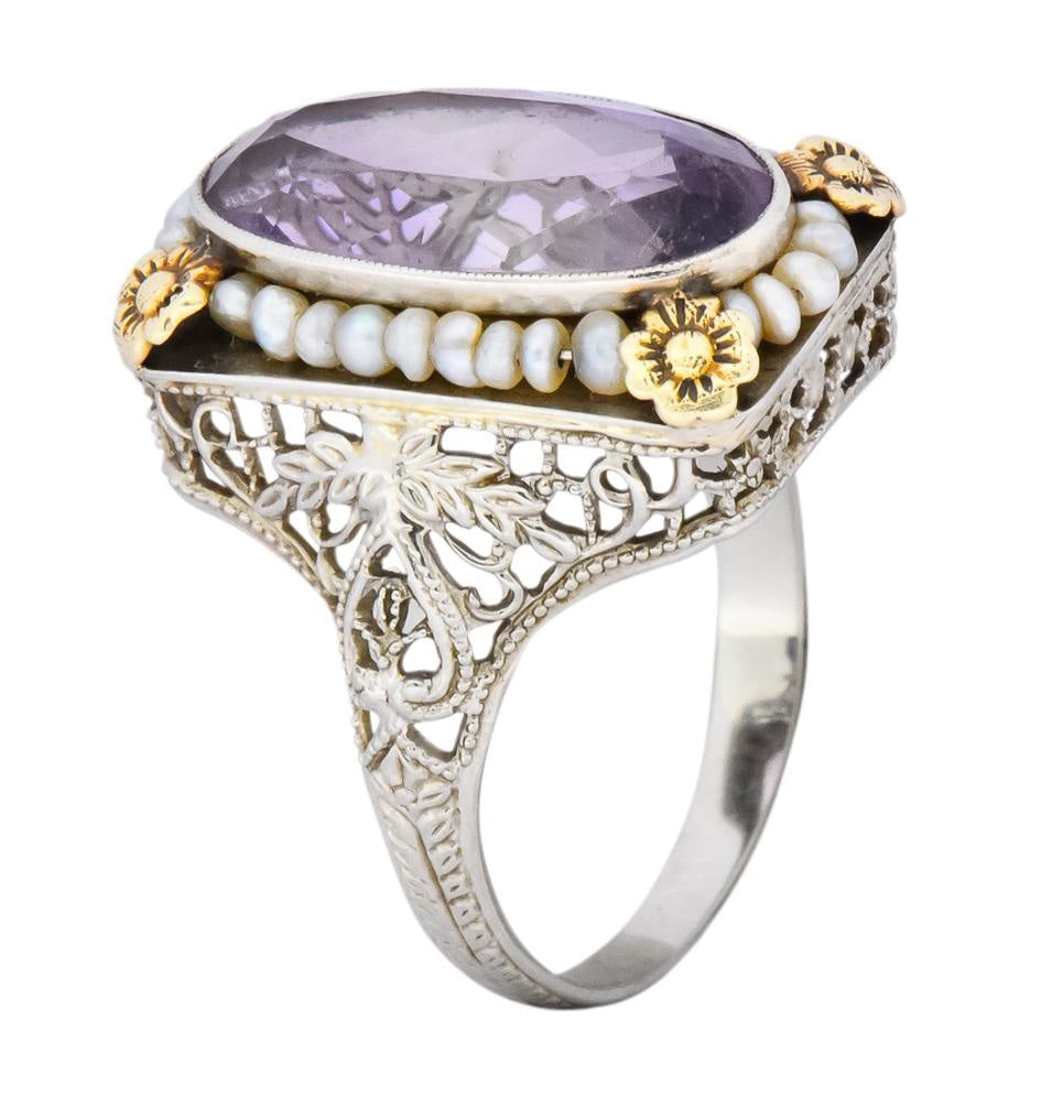 Belle Époque Amethyst Pearl 14 Karat Two-Tone Gold Cocktail Ring - Wilson's Estate Jewelry