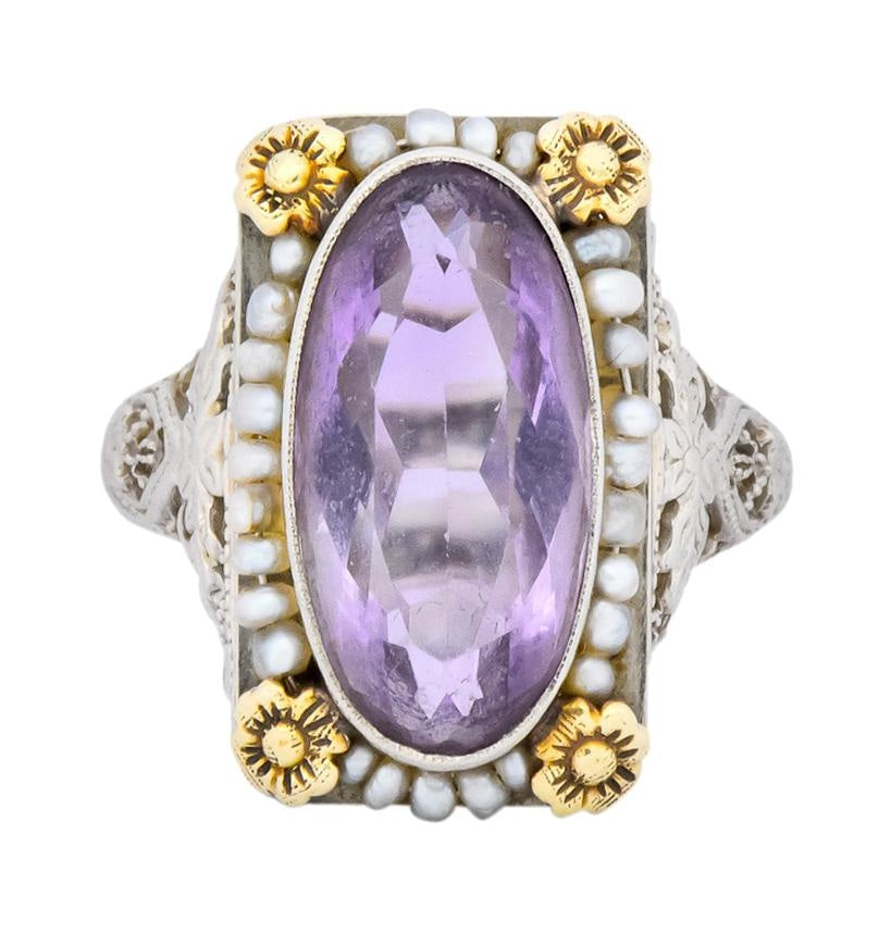 Belle Époque Amethyst Pearl 14 Karat Two-Tone Gold Cocktail Ring - Wilson's Estate Jewelry